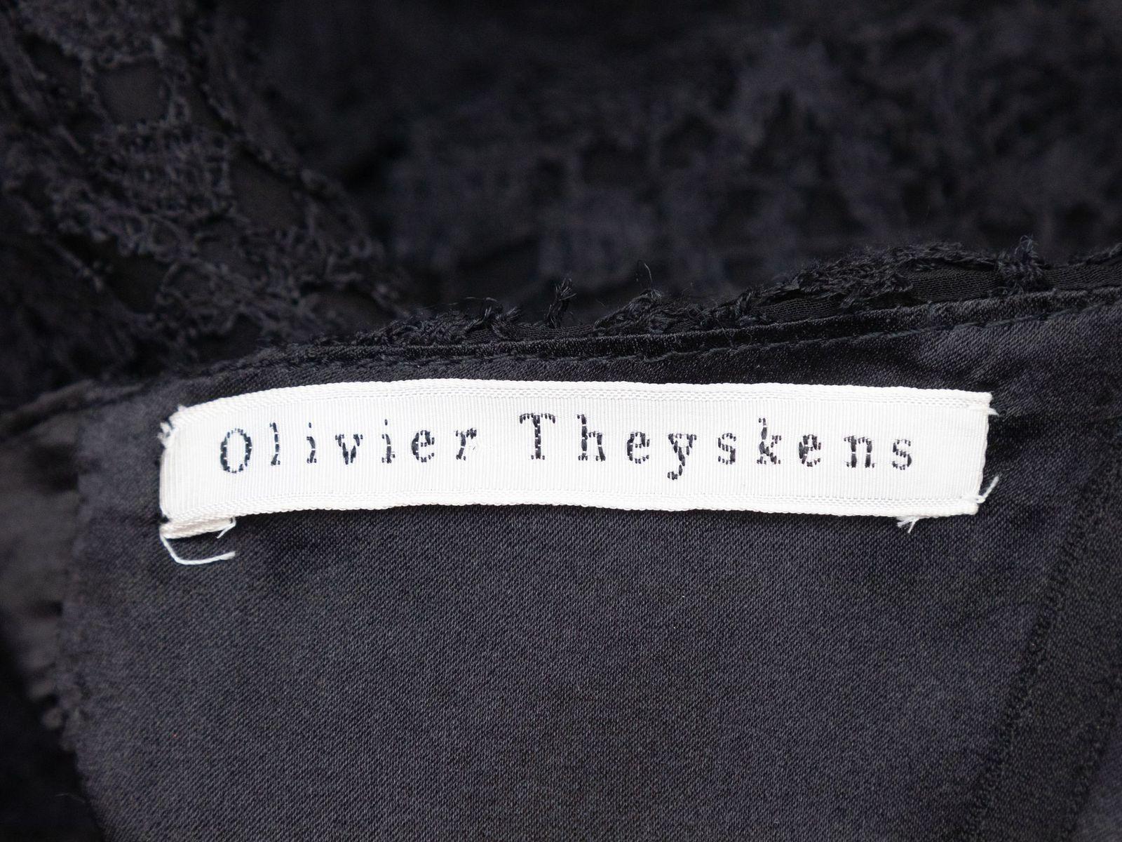 Product Details: Black silk lace sleeveless maxi dress by Olivier Theyskens. Adjustable straps. Sweetheart neckline. Zip closure at center back. Designer size 38. 36