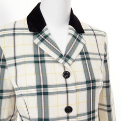 OLIVIER THEYSKENS cream green plaid check velvet collar fitted jacket IT38 XS