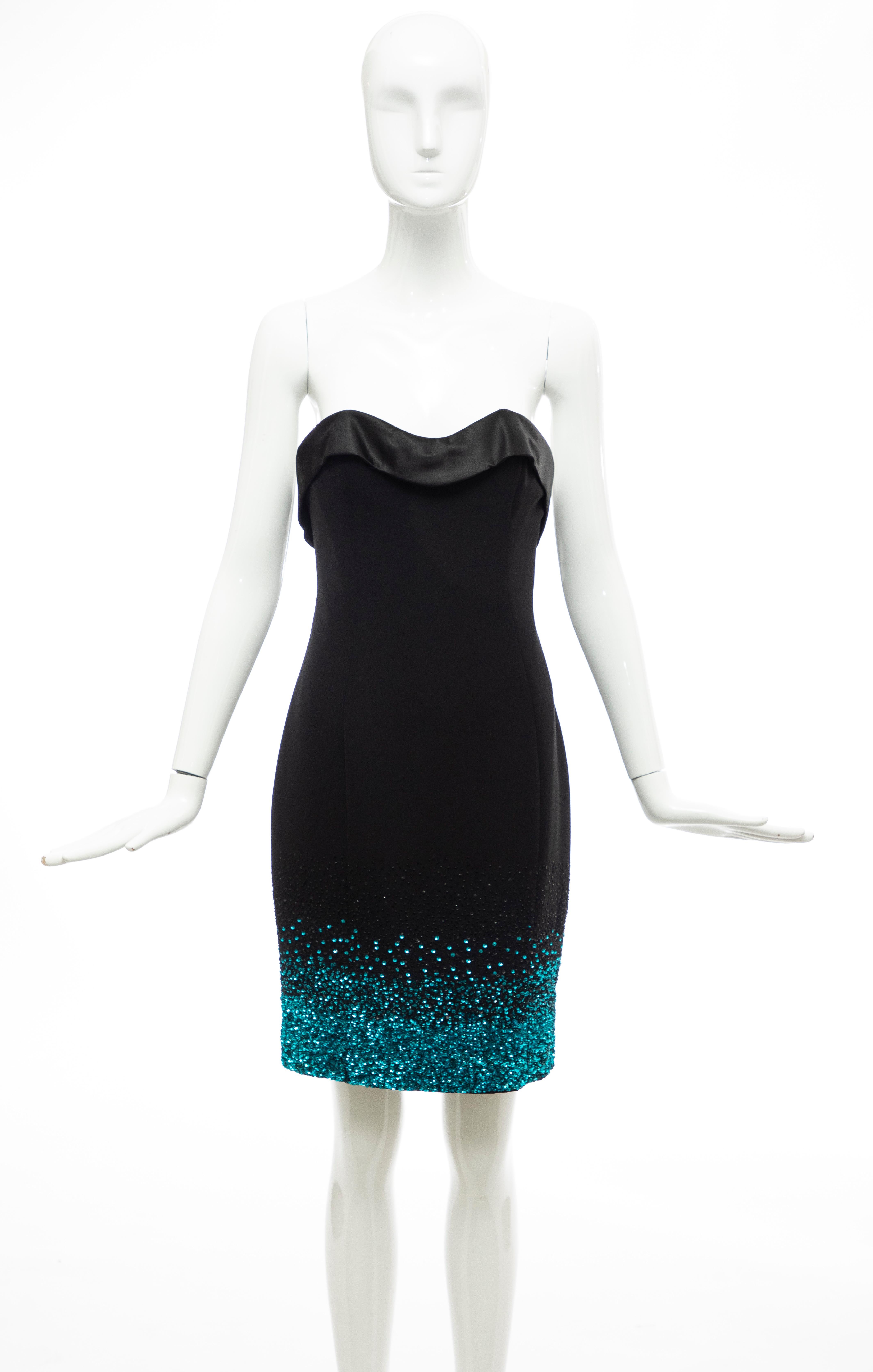 Olivier Theyskens for Nina Ricci black silk strapless evening dress with satin structured bodice, sequin embellishments at skirt, structured boning at interior bodice, concealed zip closure at back and fully lined.

FR. 40, US. 8

Bust: 28, Waist: