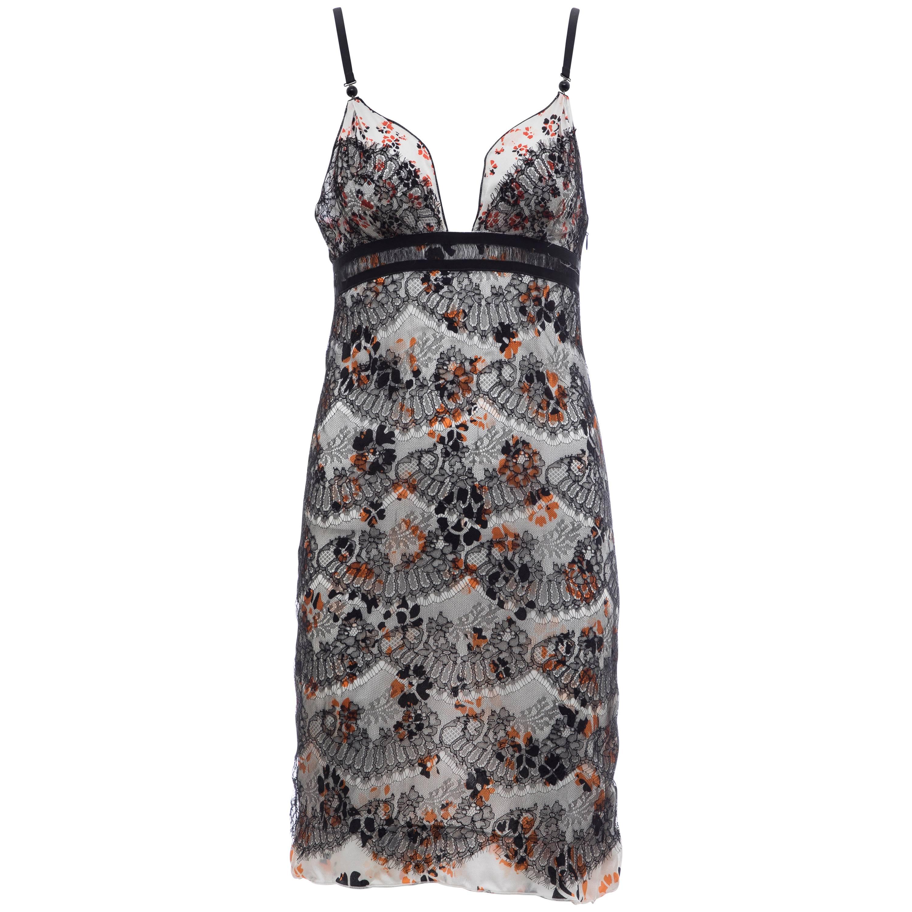 Olivier Theyskens Rochas Black Lace Overlay Floral Silk Slip Dress, Fall 2003 For Sale