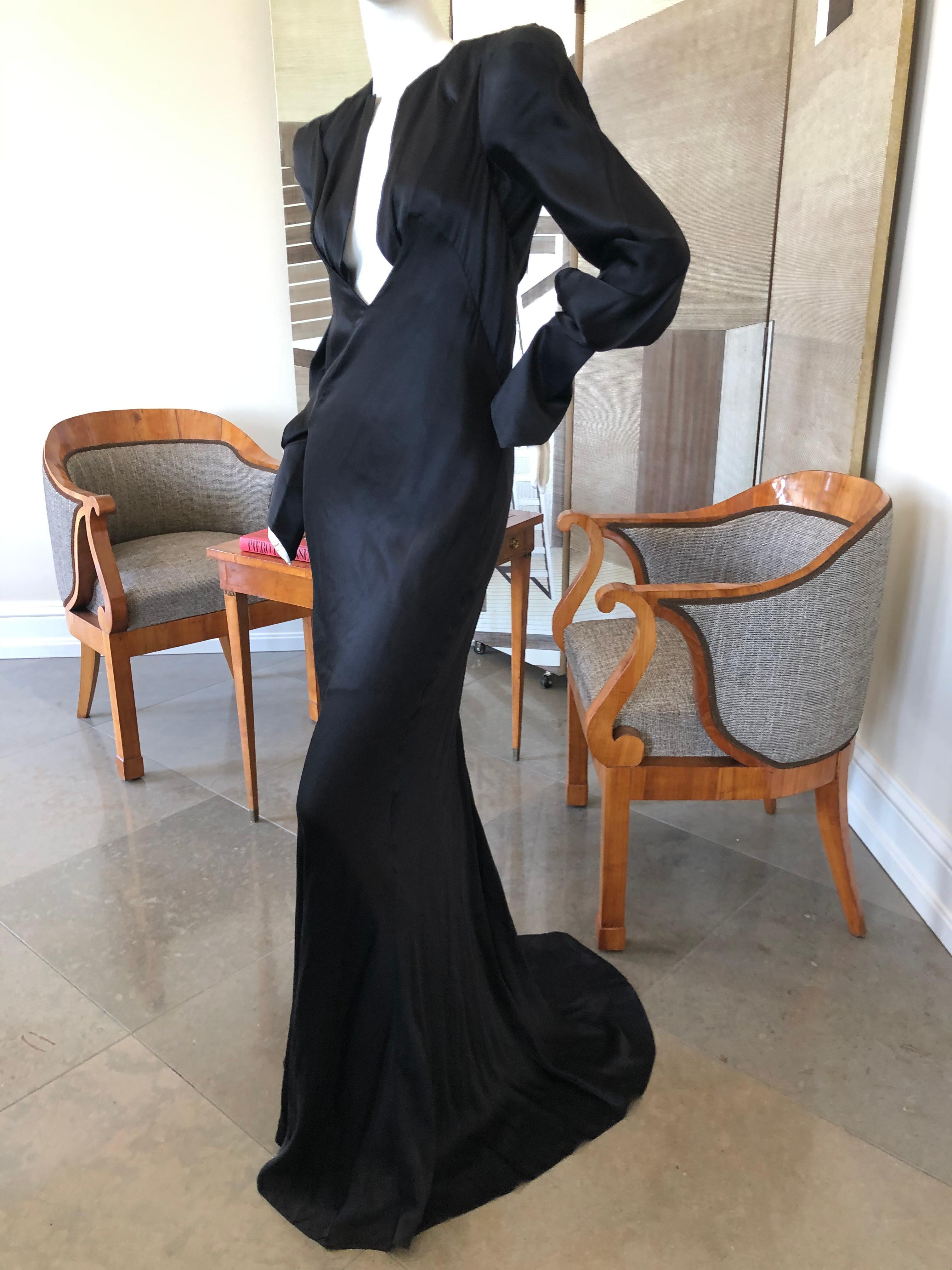Olivier Theyskins Bias Cut Black Silk Plunging Evening Dress with Bold Shoulders In Excellent Condition For Sale In Cloverdale, CA