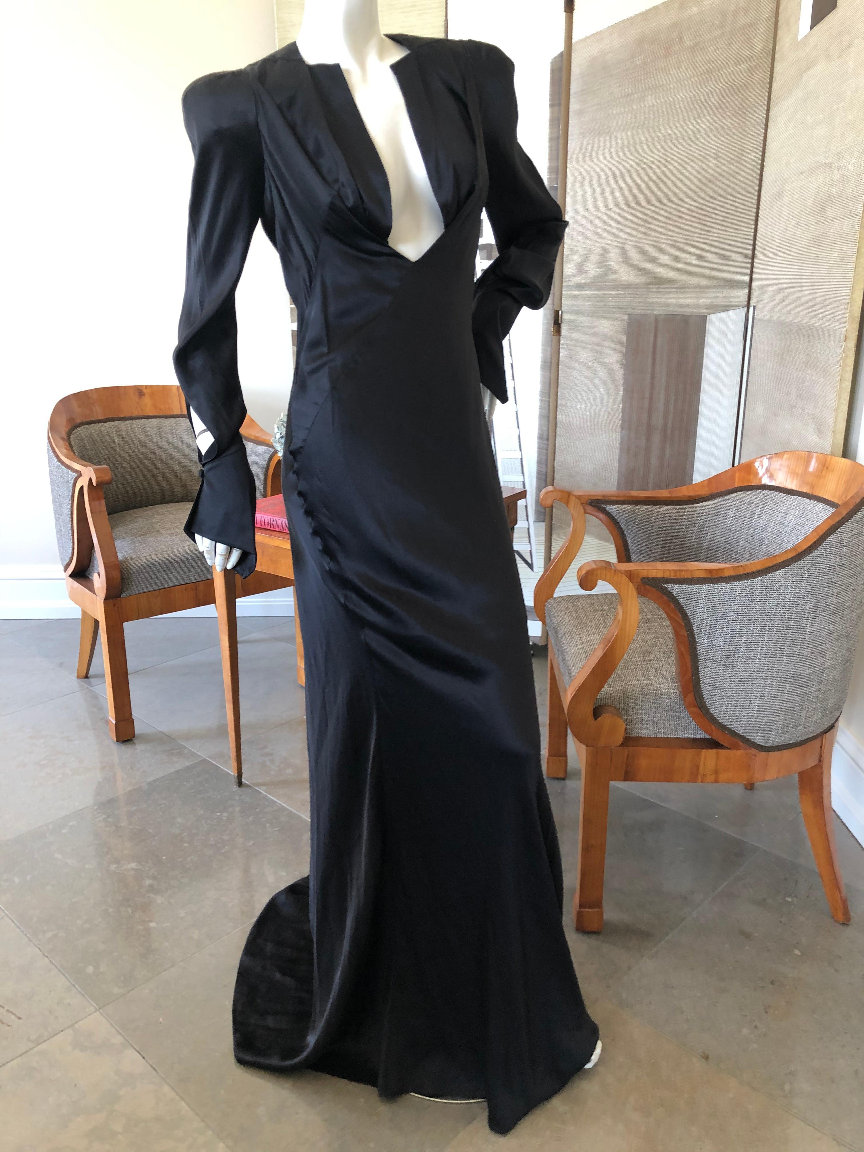Olivier Theyskins Bias Cut Black Silk Plunging Evening Dress with Bold Shoulders For Sale 2