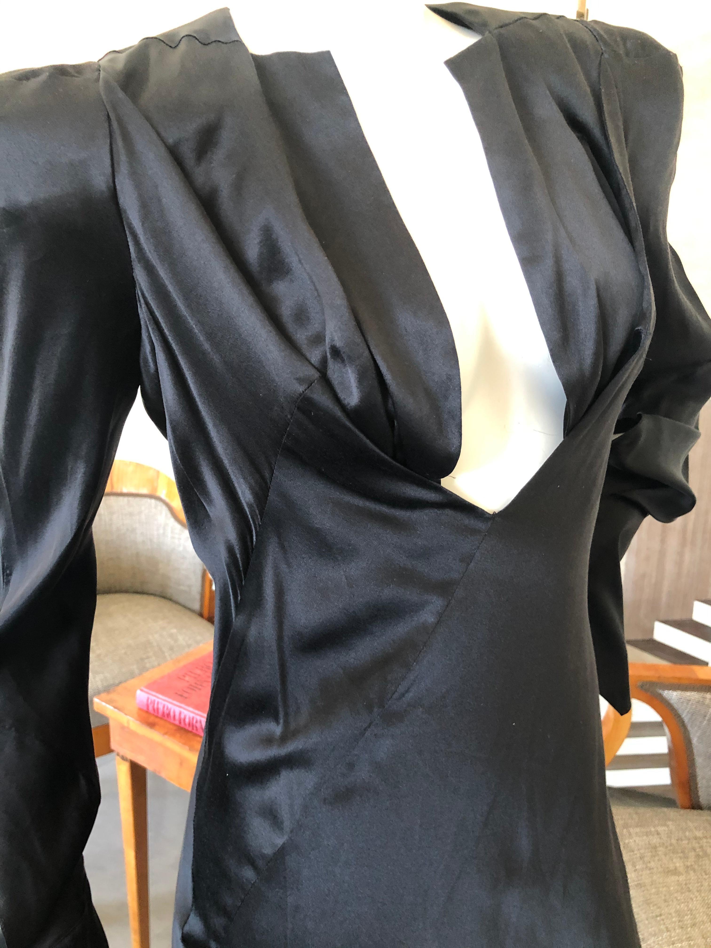 Olivier Theyskins Bias Cut Black Silk Plunging Evening Dress with Bold Shoulders For Sale 3