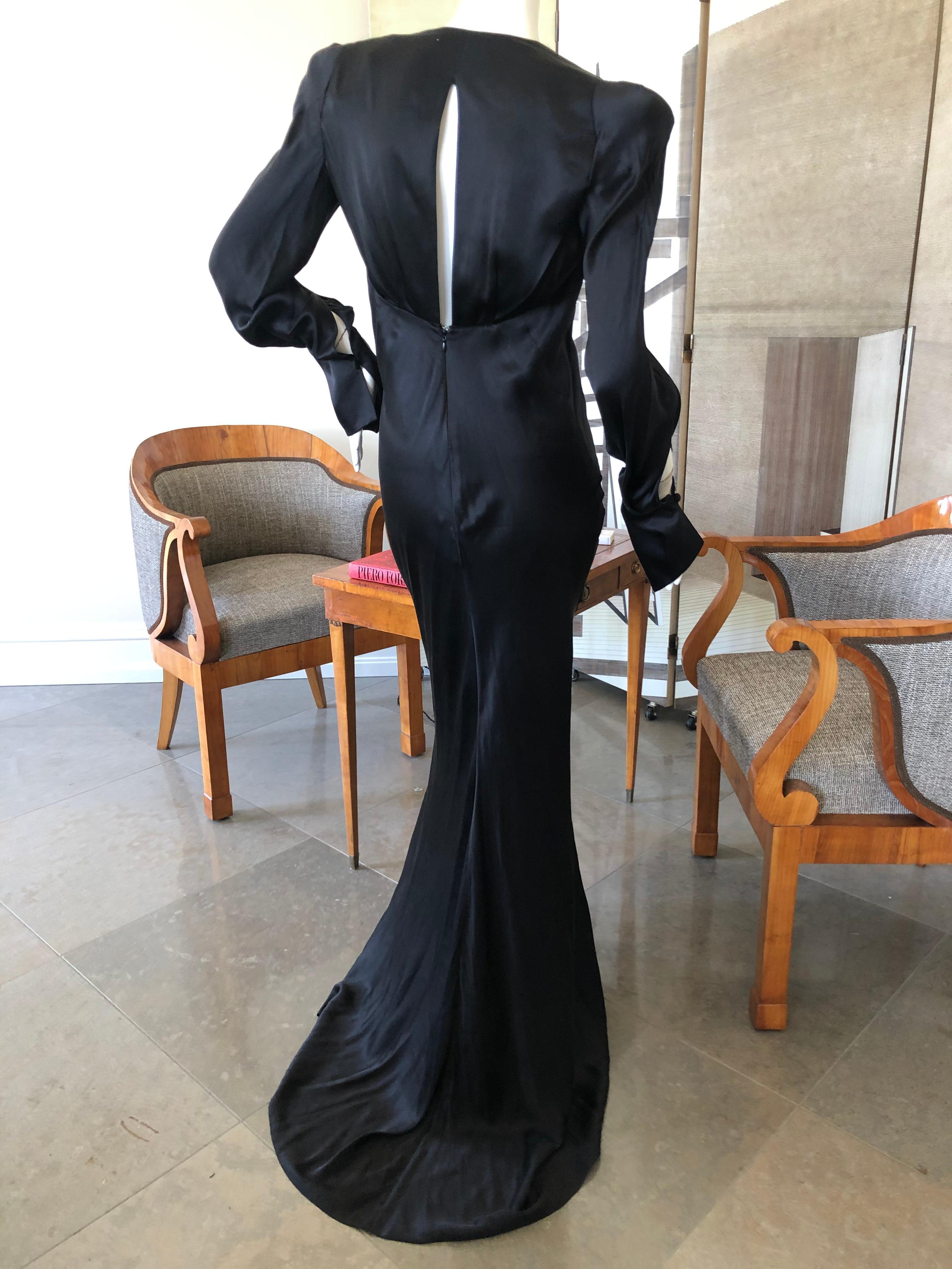 Olivier Theyskins Bias Cut Black Silk Plunging Evening Dress with Bold Shoulders For Sale 4