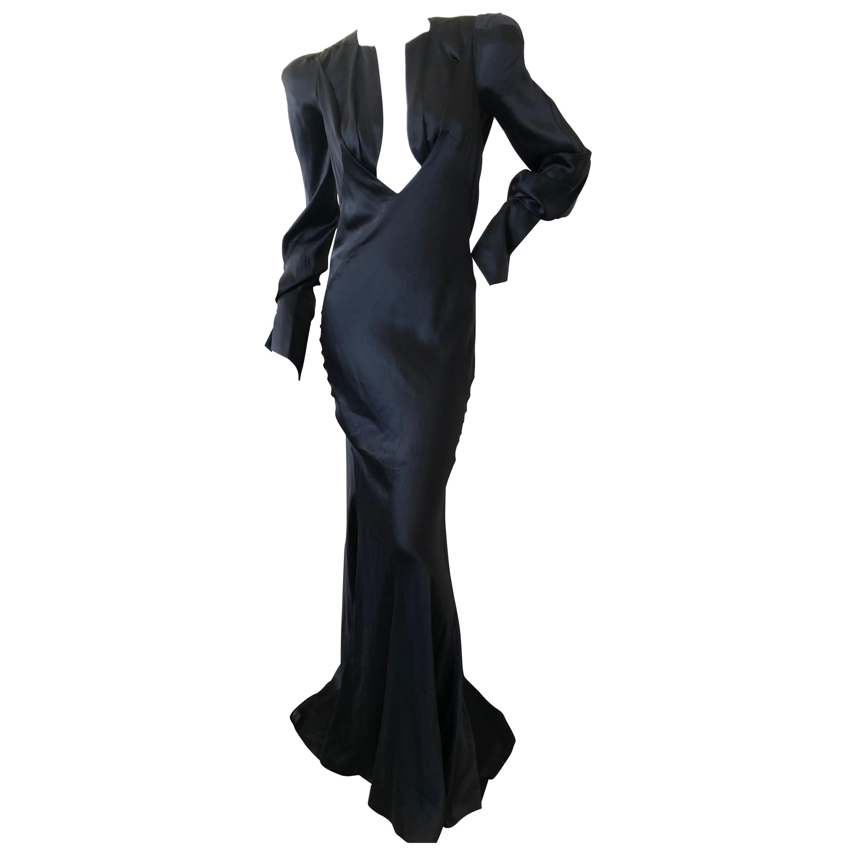 Olivier Theyskins Bias Cut Black Silk Plunging Evening Dress with Bold Shoulders For Sale