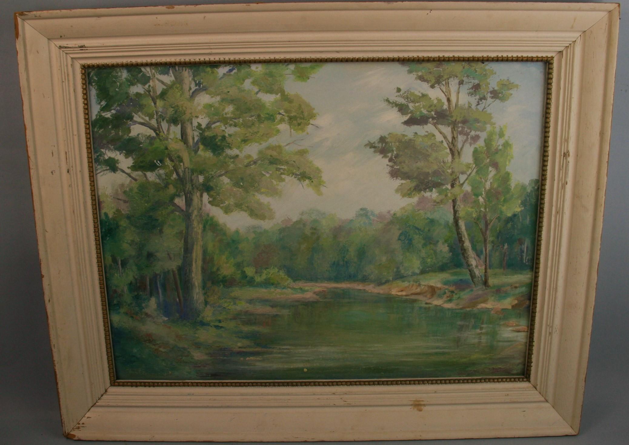 5-3758 Oil on artist board of an English  landscape
Set in a vintage wood frame
Image size 23x18