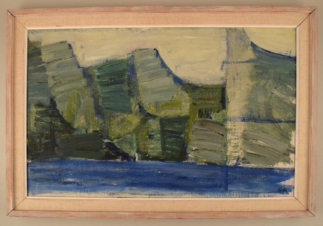 Olle Agnell (1923-2015), Sweden. Oil on canvas. 
Modernist landscape. Coastal scene, 1960s.
The canvas measures: 66 x 41 cm.
The frame measures: 5 cm.
in excellent condition.
Signed in monogram.