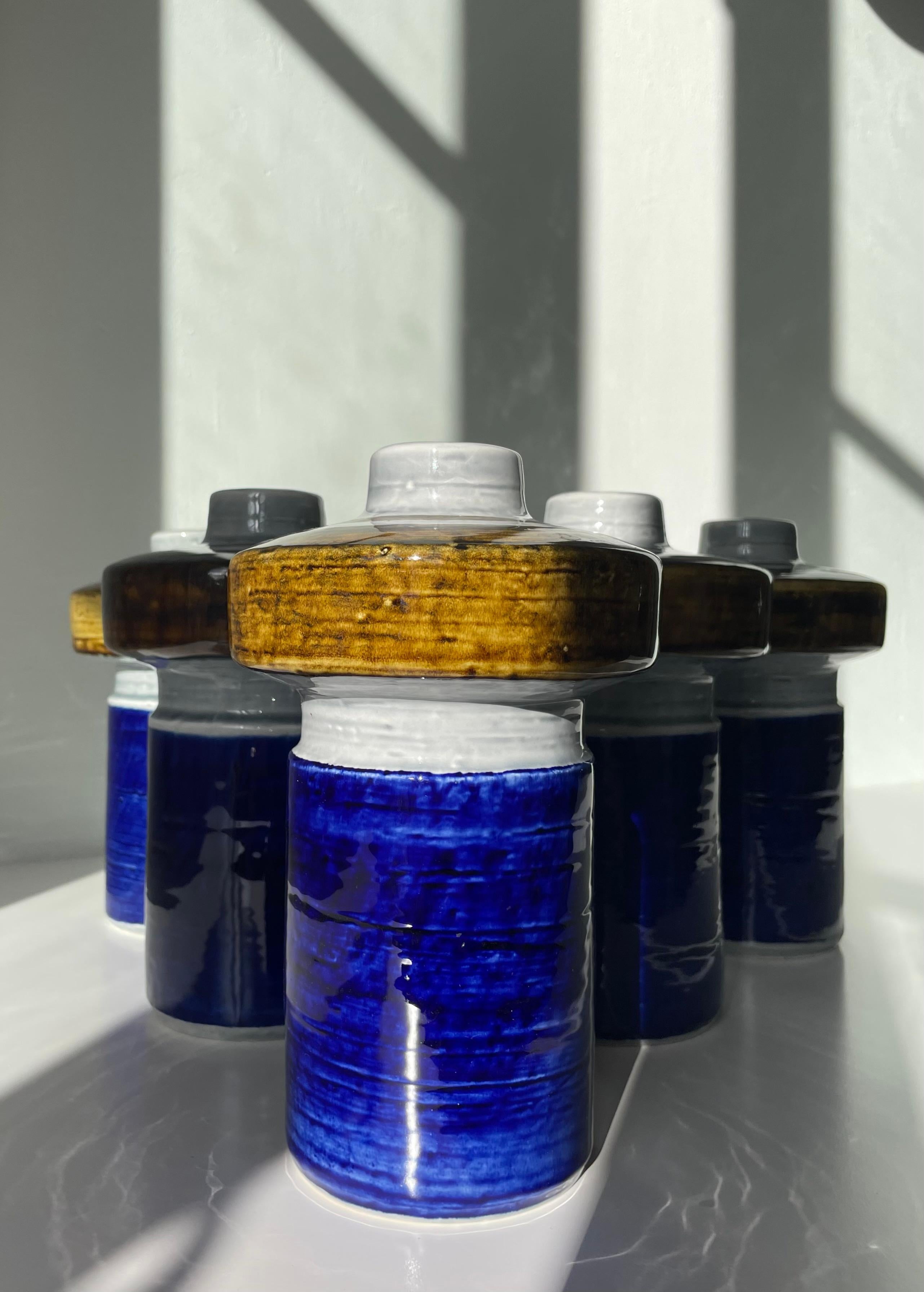 20th Century Olle Alberius 1960s  Ceramic Blue, Ochre Vase, 6 items For Sale