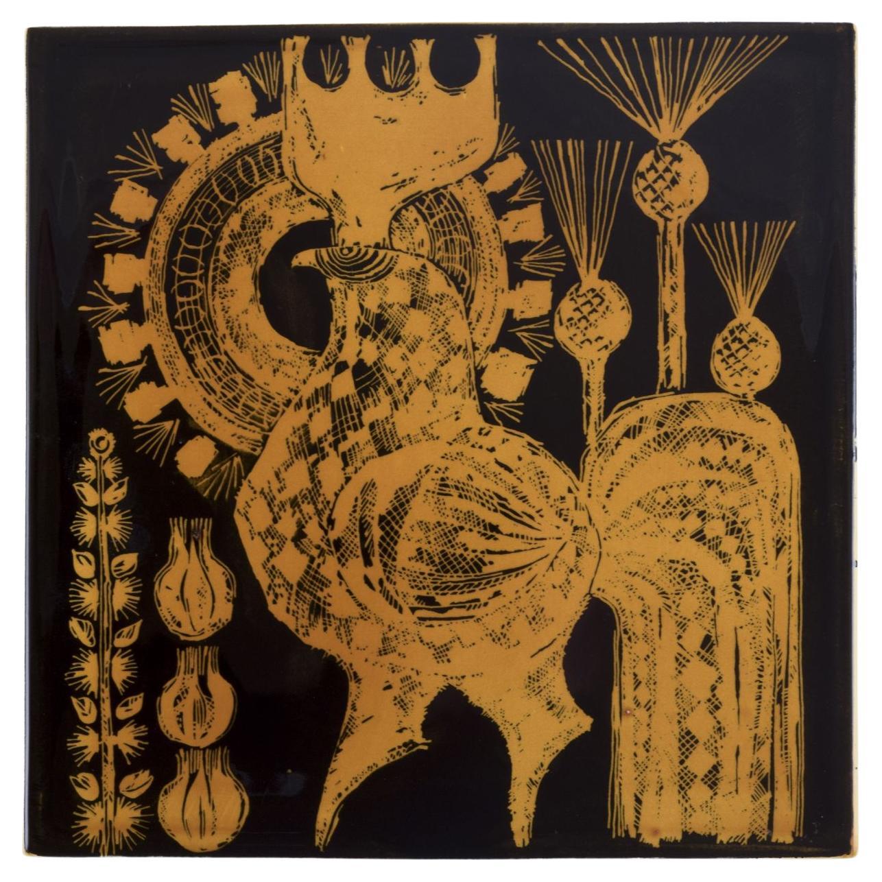 Olle Alberius pour Rörstrand, Suède. Plaque murale en céramique. Motif du coq.