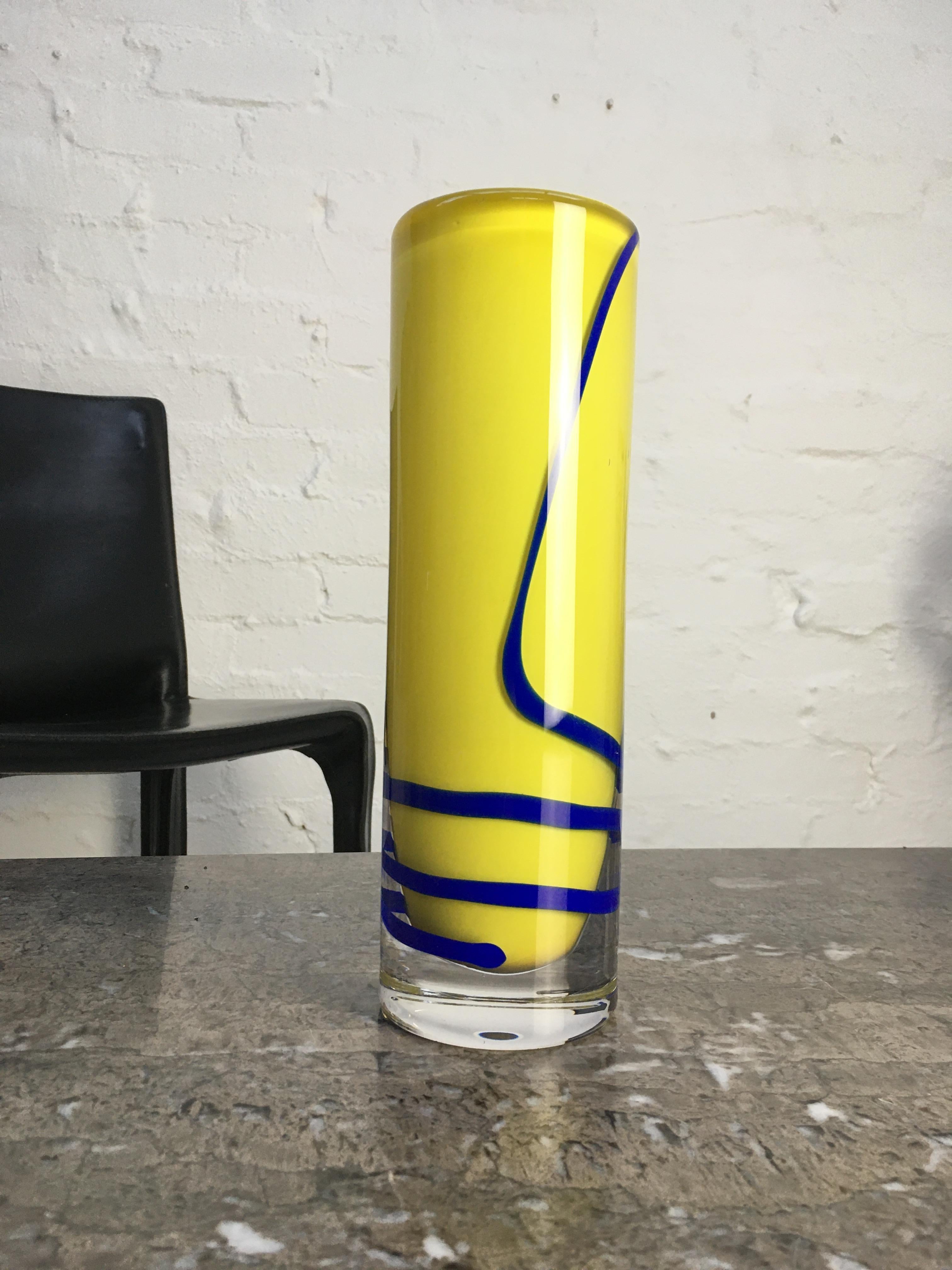 Late 20th Century Olle Alberius Orrefors Exhibition Vase Signed Numbered 1973 Acid Yellow Cobalt For Sale