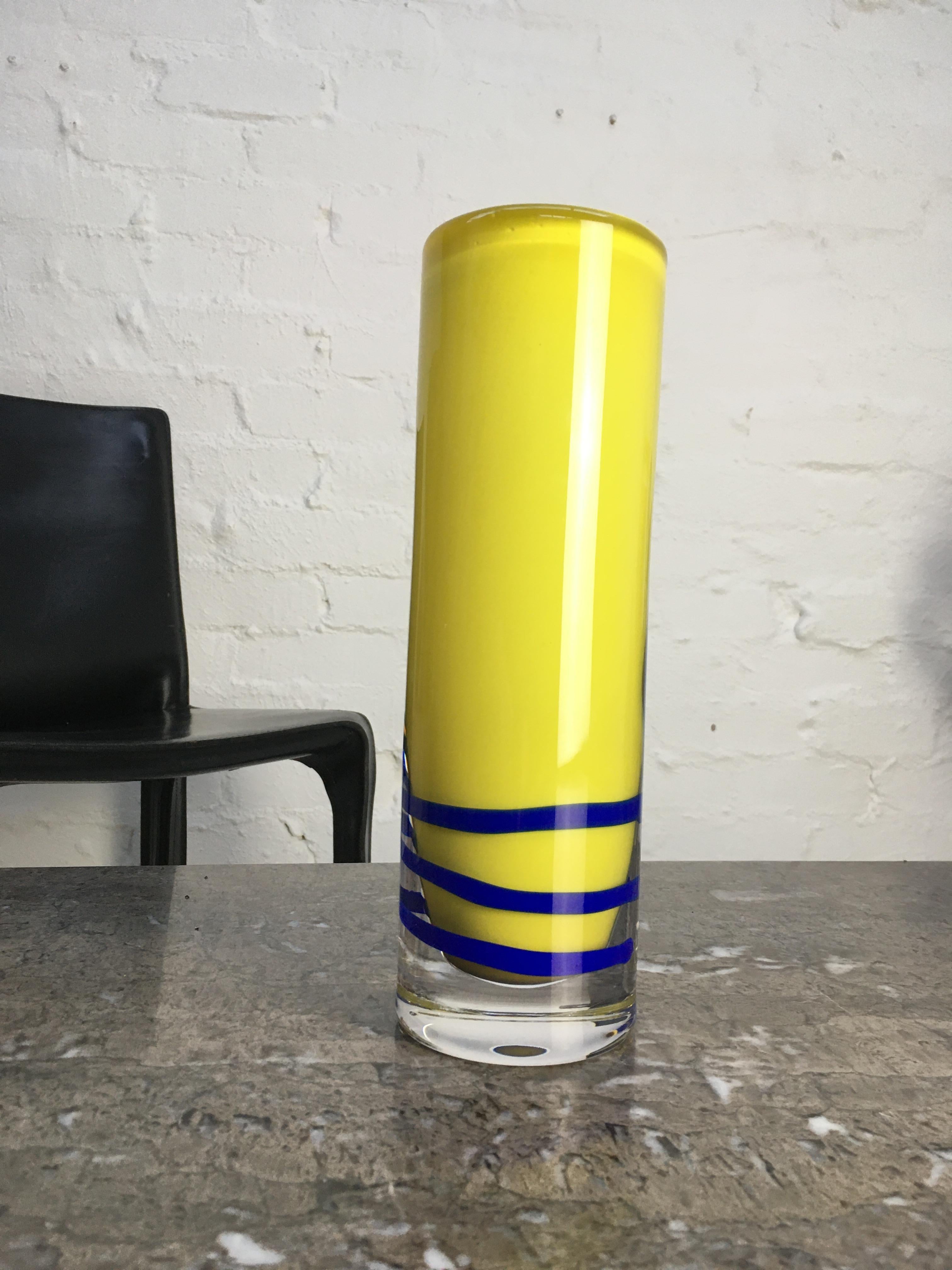 Art Glass Olle Alberius Orrefors Exhibition Vase Signed Numbered 1973 Acid Yellow Cobalt For Sale