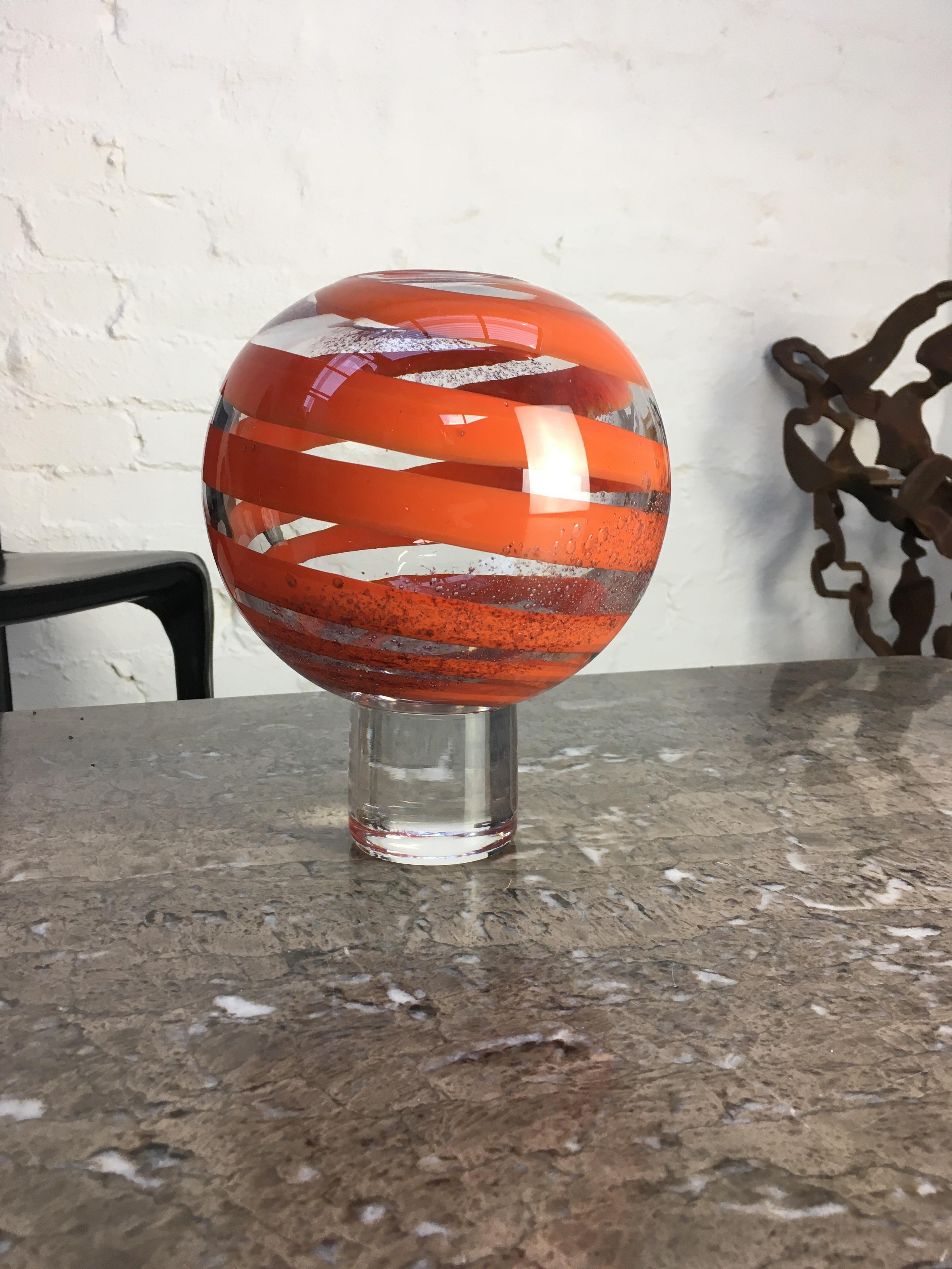 Art Glass Op Art Orrefors Vase Signed Numbered 1972 Orange Ribbon For Sale