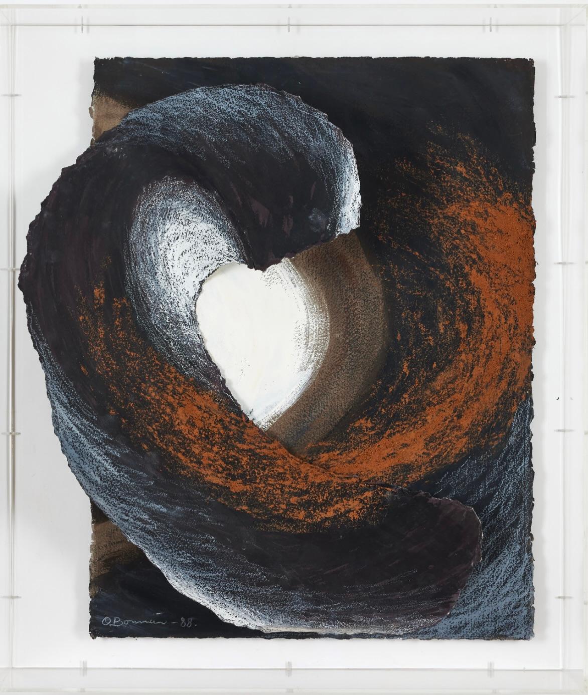 Mixed media on paper. This three dimensional work is in one way typical for Olle Bonnier with its space like motive. What's interesting is that it is made in three dimensions so that the vortex stands out from the painting. This gives the painting a