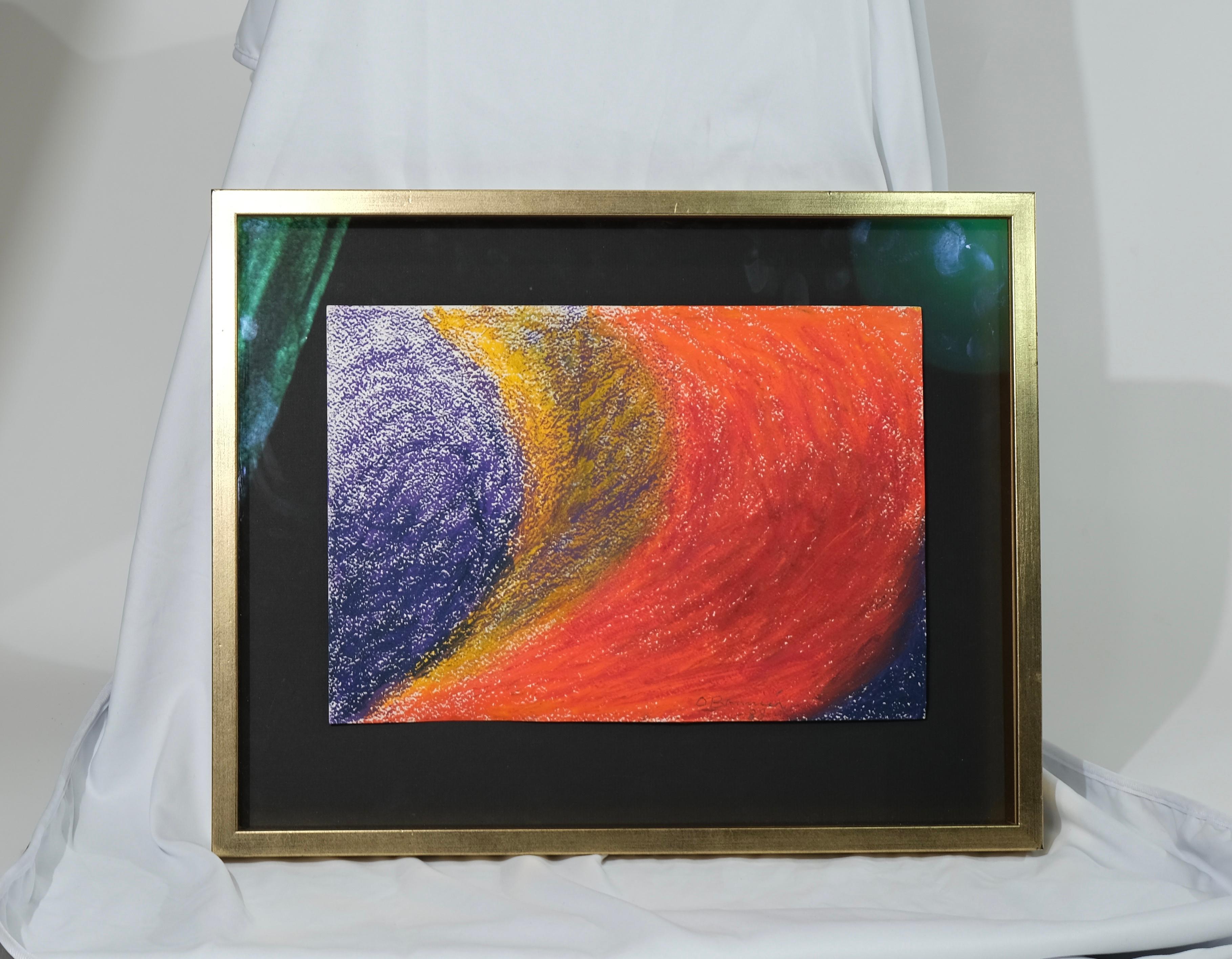 Pastel on paper.
Measurements with frame 49 × 40 cm. Without 35 × 25 cm.

A typical example of Olle Bonniers art. The colors and shapes are much spacelike.