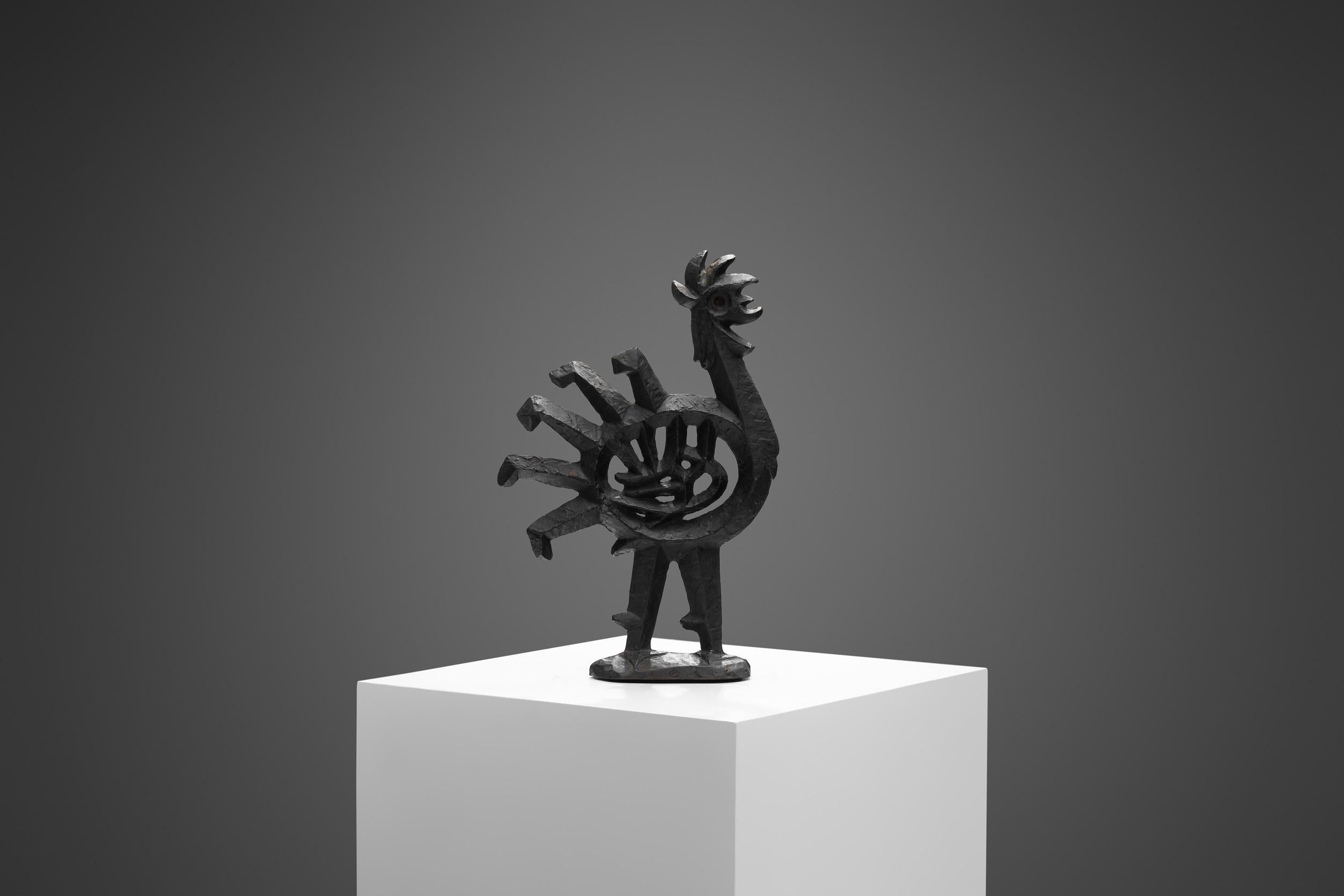 Swedish sculptor, Olle Hermansson is primarily known for his cast iron sculptures and fire screens in the Brutalist style. The characters and creatures appearing in his works are often inspired by Nordic mythology. This characteristic rooster is no