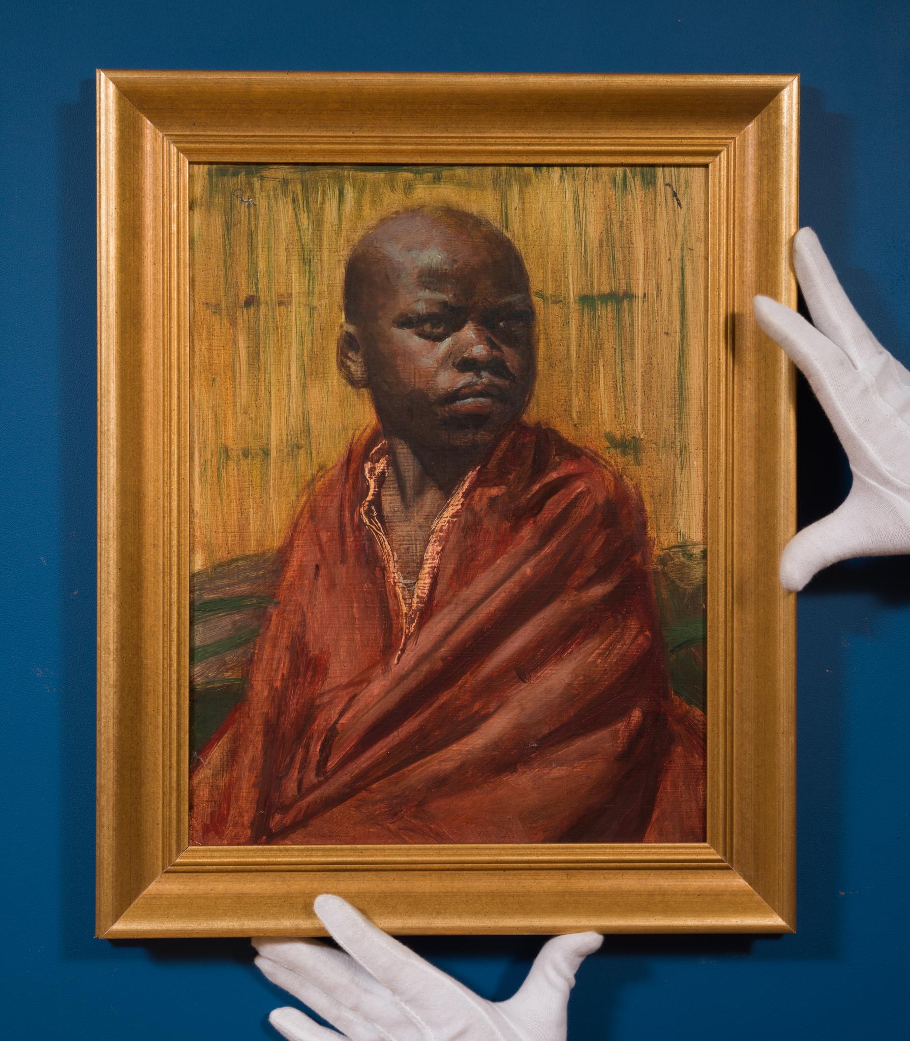 Portrait of a Young Boy in Red - Painting by Olle Hjortzberg