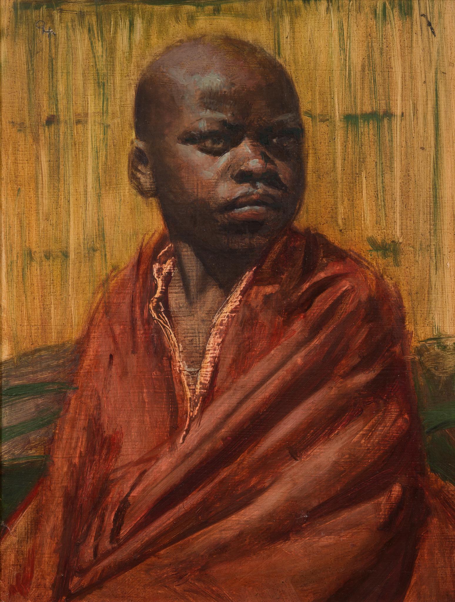 Portrait of a Young Boy in Red - Realist Painting by Olle Hjortzberg