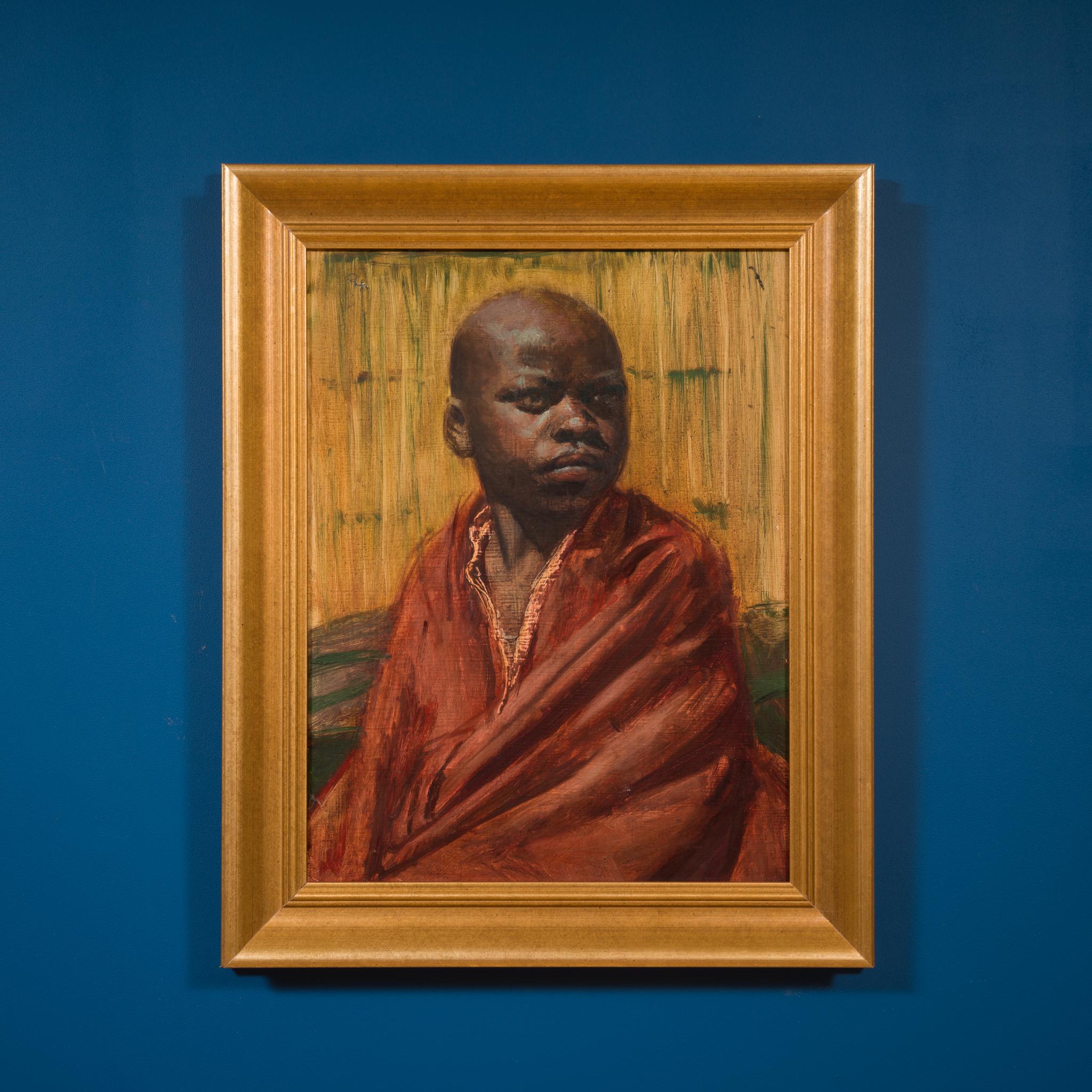 Portrait of a Young Boy in Red - Brown Portrait Painting by Olle Hjortzberg