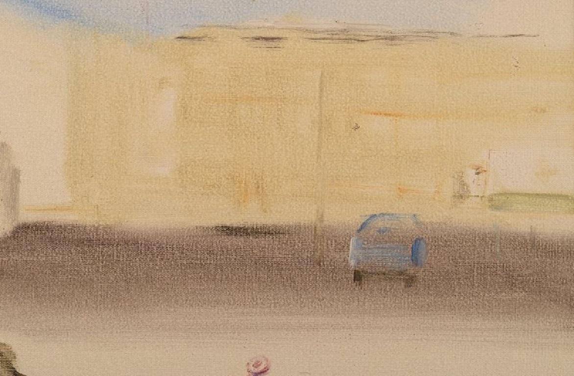 Moderno Olle Lindgren, Svezia, Olio su tela, Motivo della città, datato 1976 in vendita