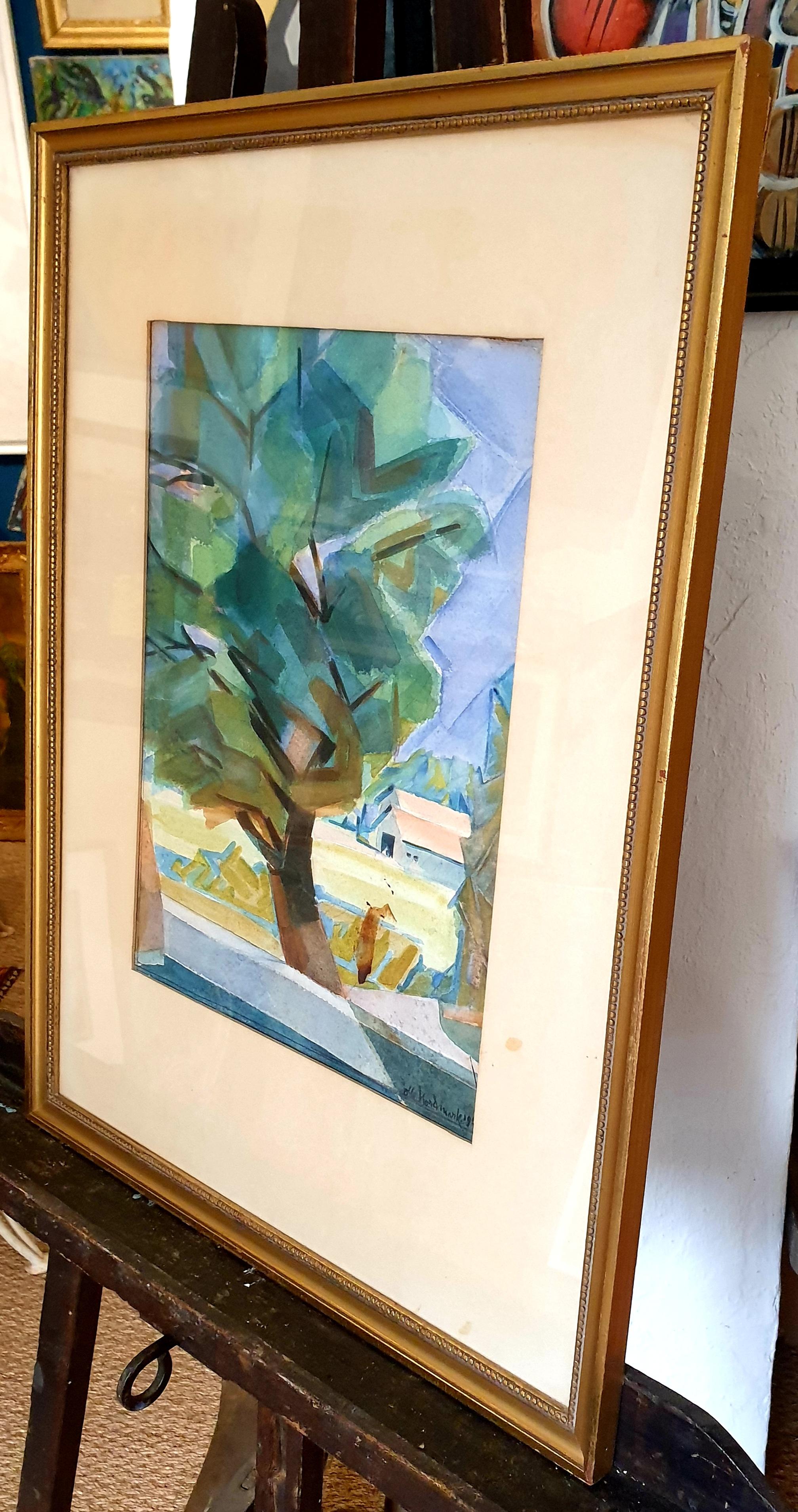Mid-Century New York School, kubistisches Aquarell und Gouache. The View to the Farm. 13