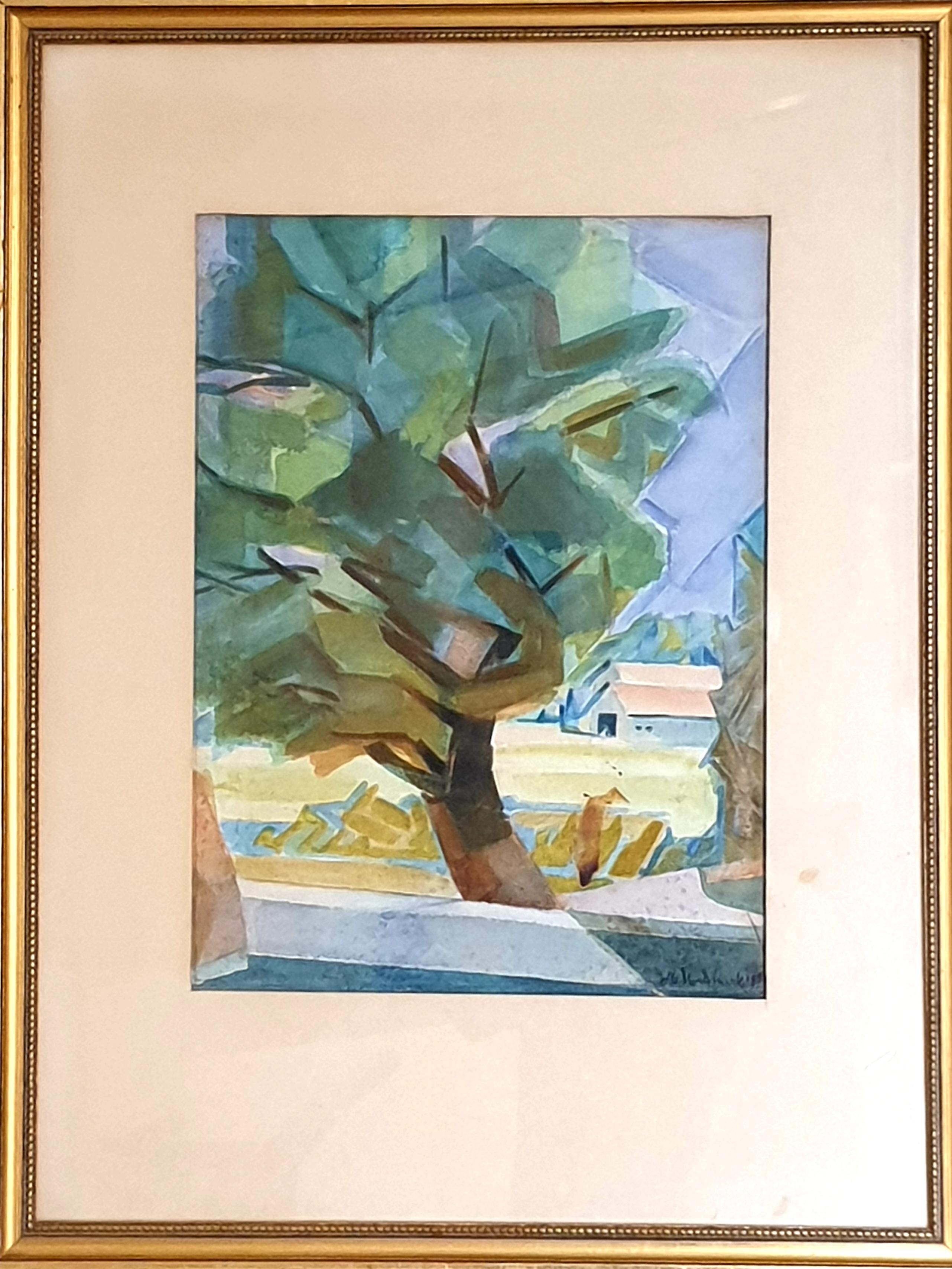 Mid-Century New York School, kubistisches Aquarell und Gouache. The View to the Farm. – Painting von Olle Nordmark