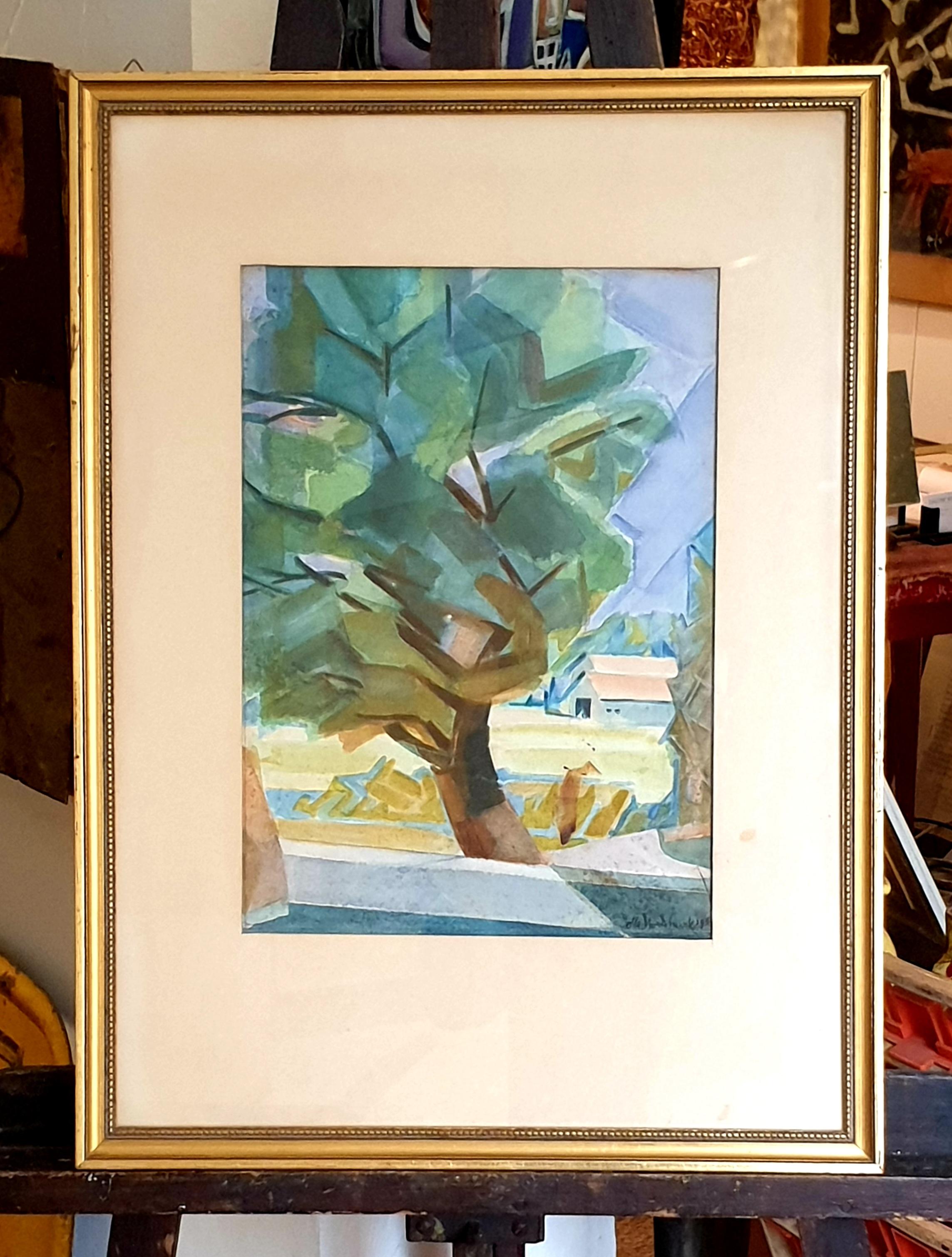 Mid-Century New York School, kubistisches Aquarell und Gouache. The View to the Farm. 15
