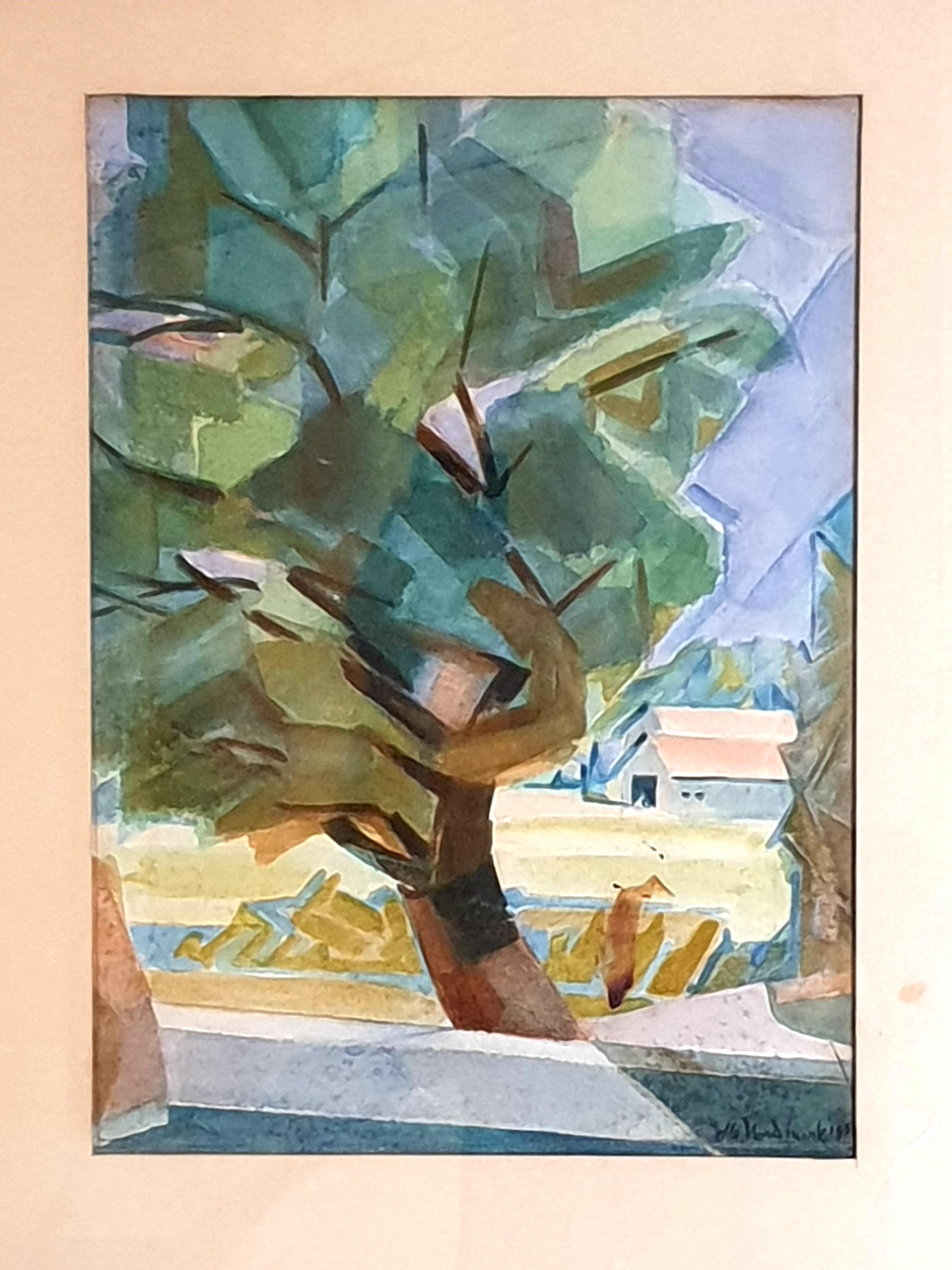 Mid-Century New York School, kubistisches Aquarell und Gouache. The View to the Farm. (Amerikanische Moderne), Painting, von Olle Nordmark