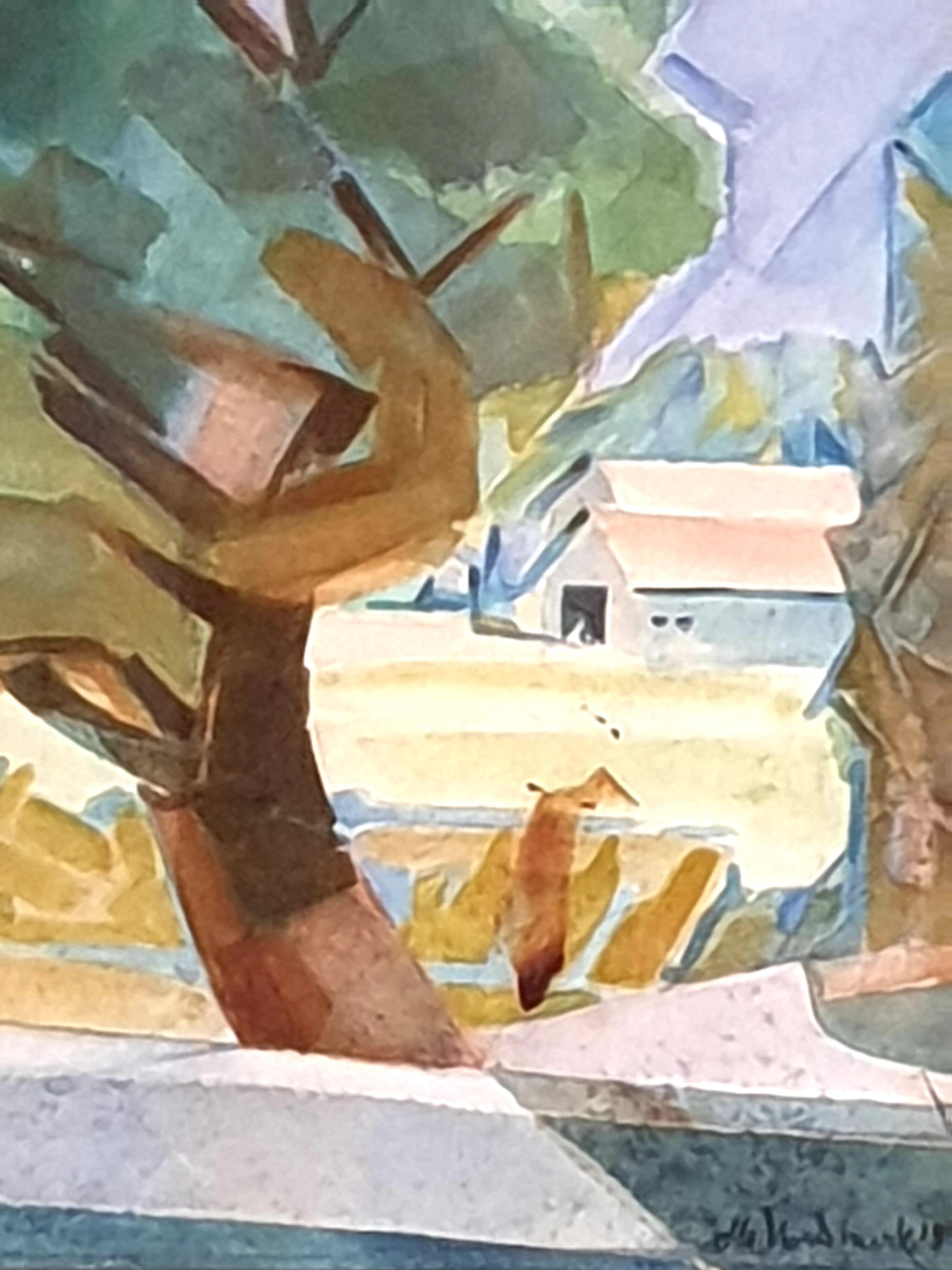 Aquarell und Gouache auf Papier aus der Mitte des Jahrhunderts mit einem Blick auf einen Bauernhof des schwedischen Künstlers Olle Nordmark. Signiert und datiert 1953 unten rechts und rückseitig mit einem Atelierstempel versehen. Präsentiert in
