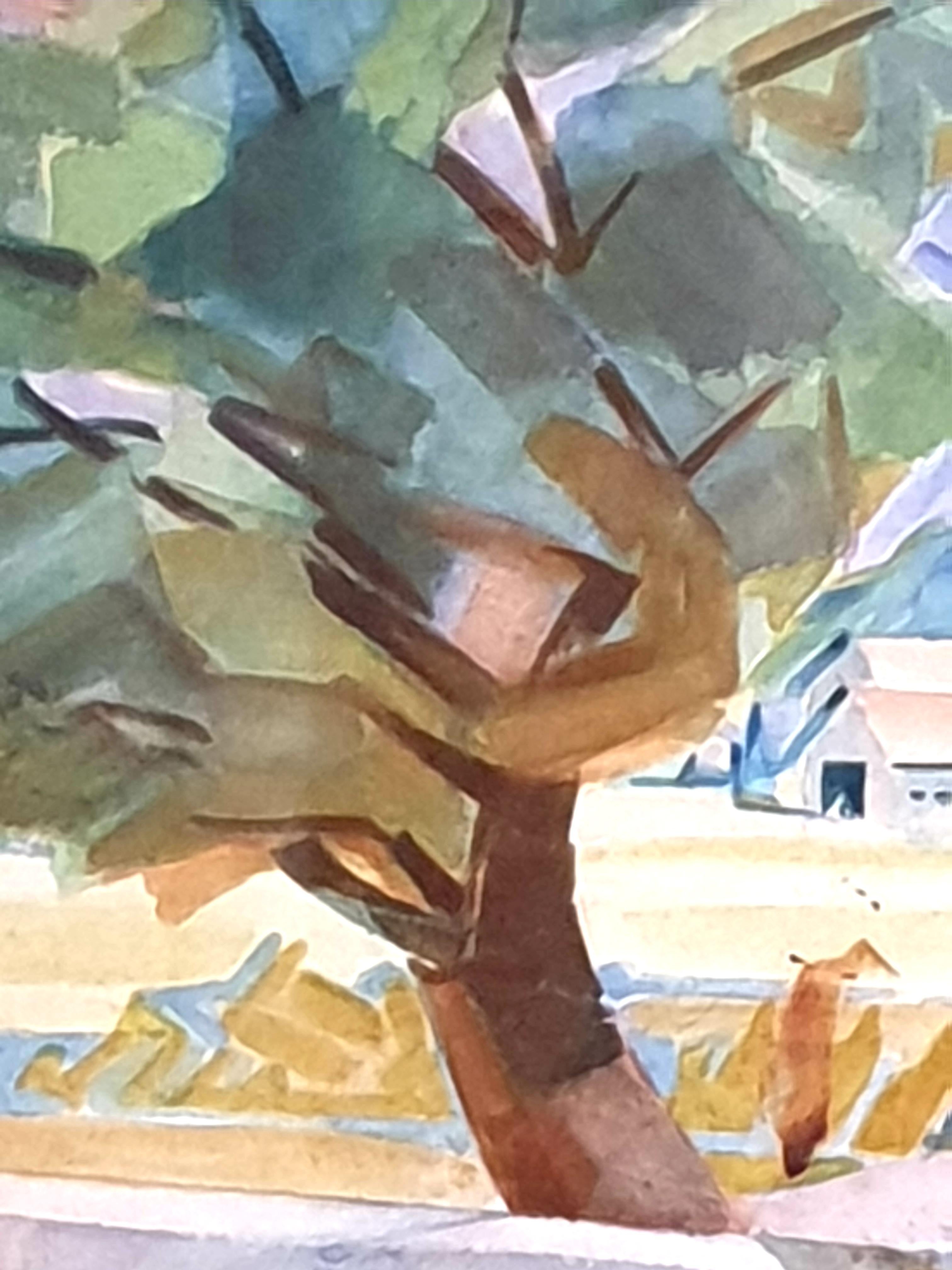 Mid-Century New York School, kubistisches Aquarell und Gouache. The View to the Farm. 1