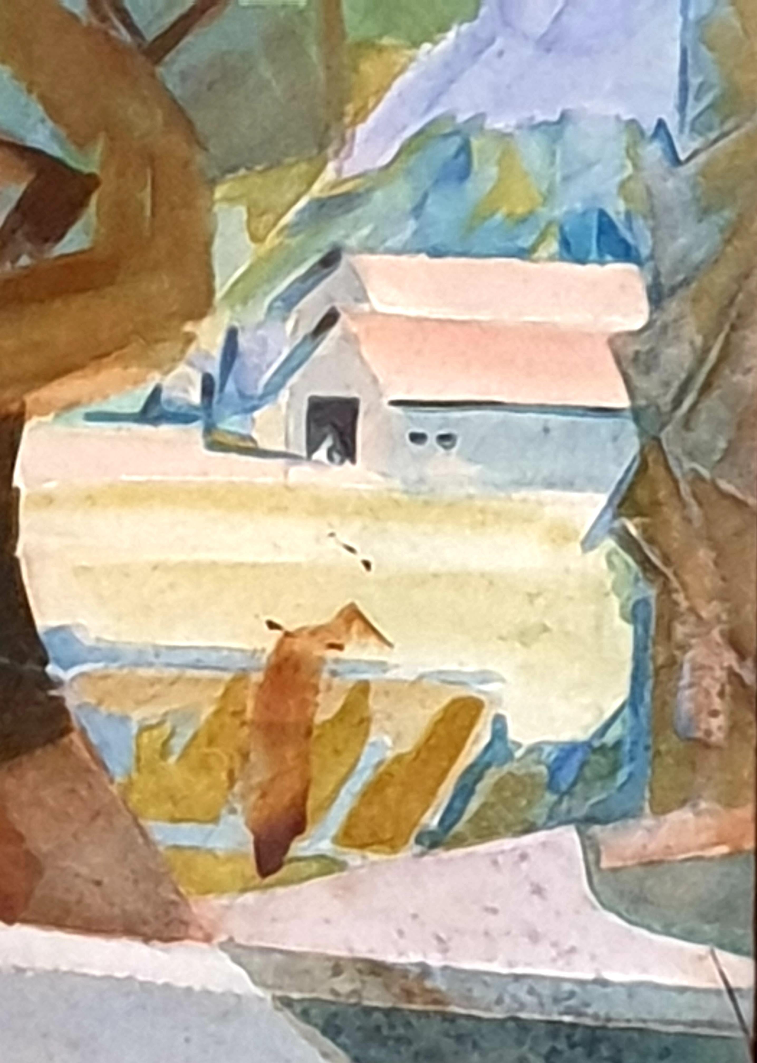 Mid-Century New York School, kubistisches Aquarell und Gouache. The View to the Farm. 3