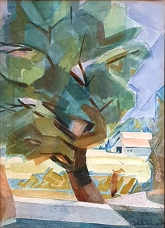 Mid-Century New York School, kubistisches Aquarell und Gouache. The View to the Farm.