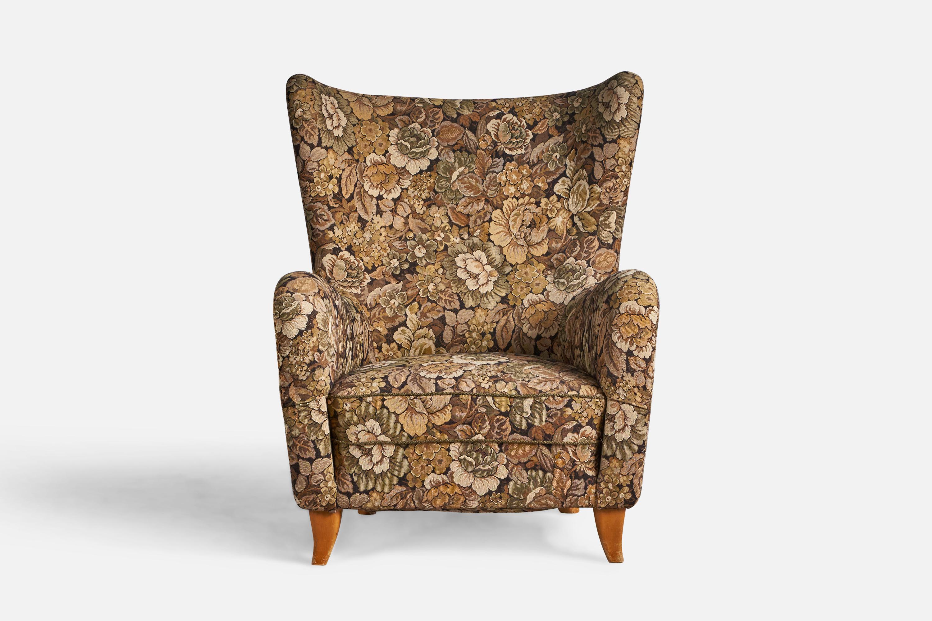 Scandinavian Modern Olle Sjögren, Lounge Chair, Fabric, Wood, Sweden, 1940s