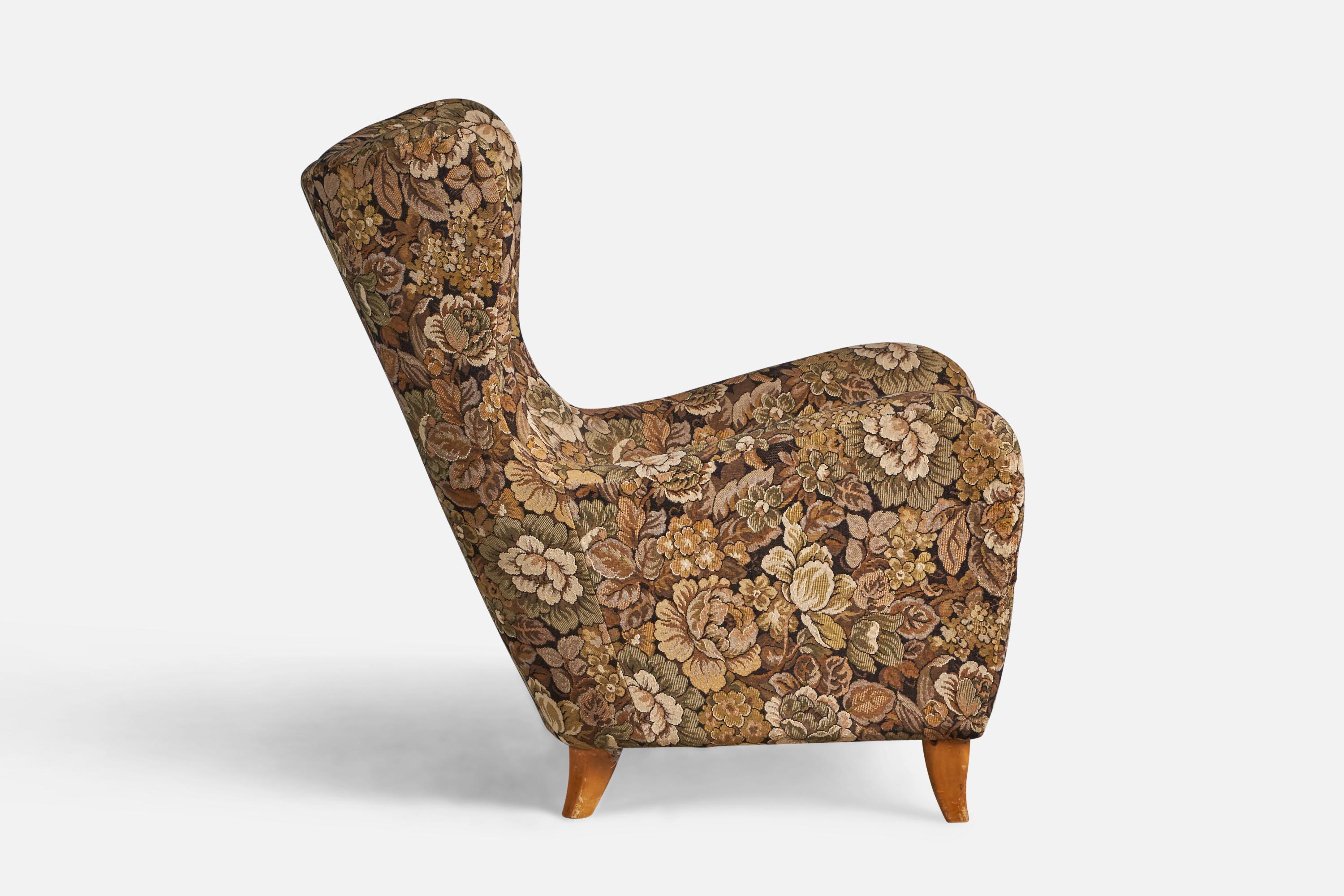 Swedish Olle Sjögren, Lounge Chair, Fabric, Wood, Sweden, 1940s