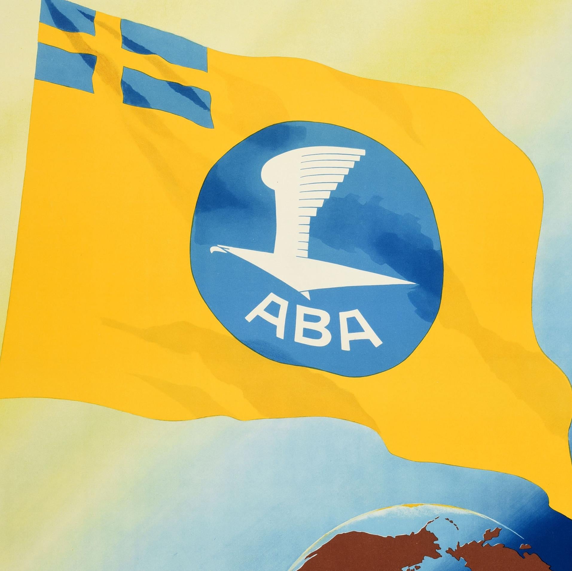 Original vintage travel advertising poster for ABA Swedish Air Lines (1924-1950; now part of the SAS Group / Scandinavian Airlines System). Great design depicting the Swedish blue and yellow cross with the ABA logo on a yellow flag flying above a