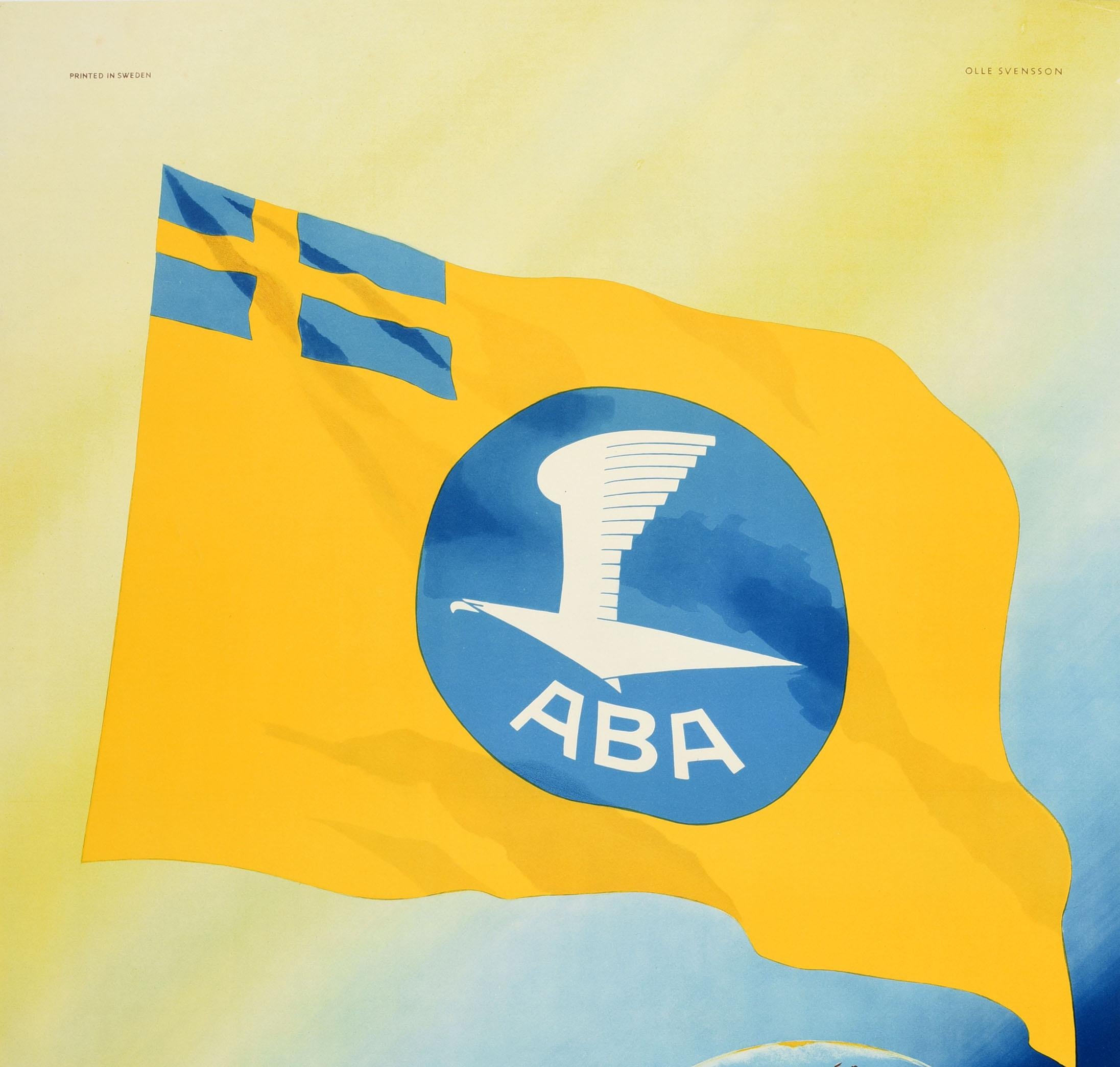 Poster pubblicitario di viaggio originale d'epoca ABA Swedish Airlines Olle Svensson in vendita 2