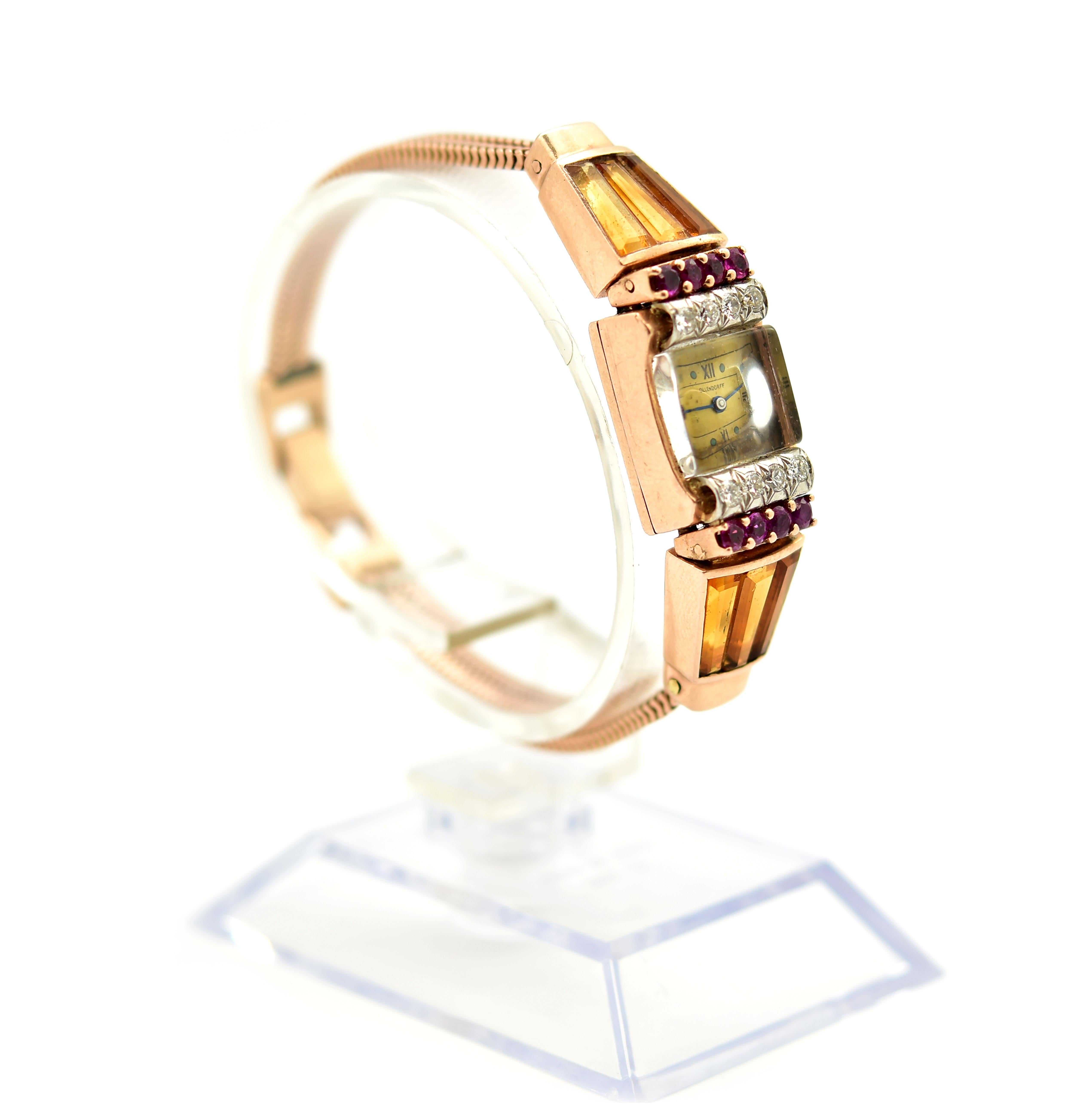 Ollendorff Ladies Rose Gold Diamond Ruby Citrine Vintage mechanical Wristwatch In Excellent Condition In Scottsdale, AZ