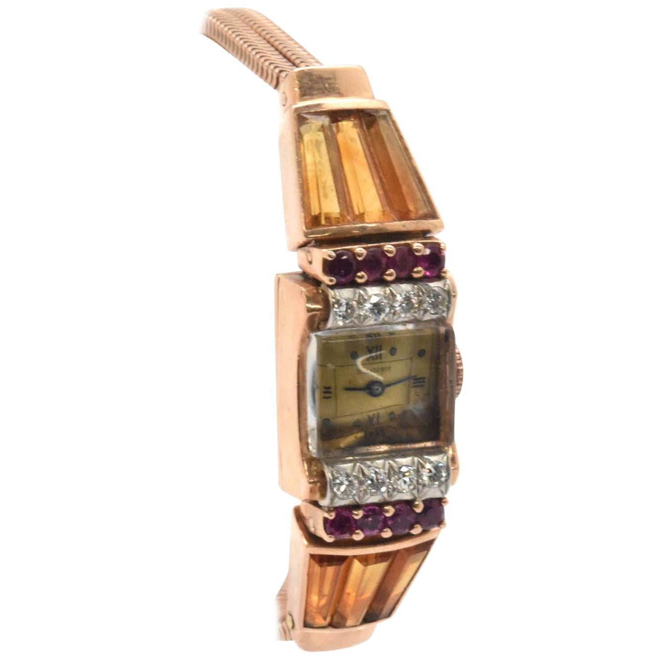 Ollendorff Ladies Rose Gold Diamond Ruby Citrine Vintage mechanical Wristwatch