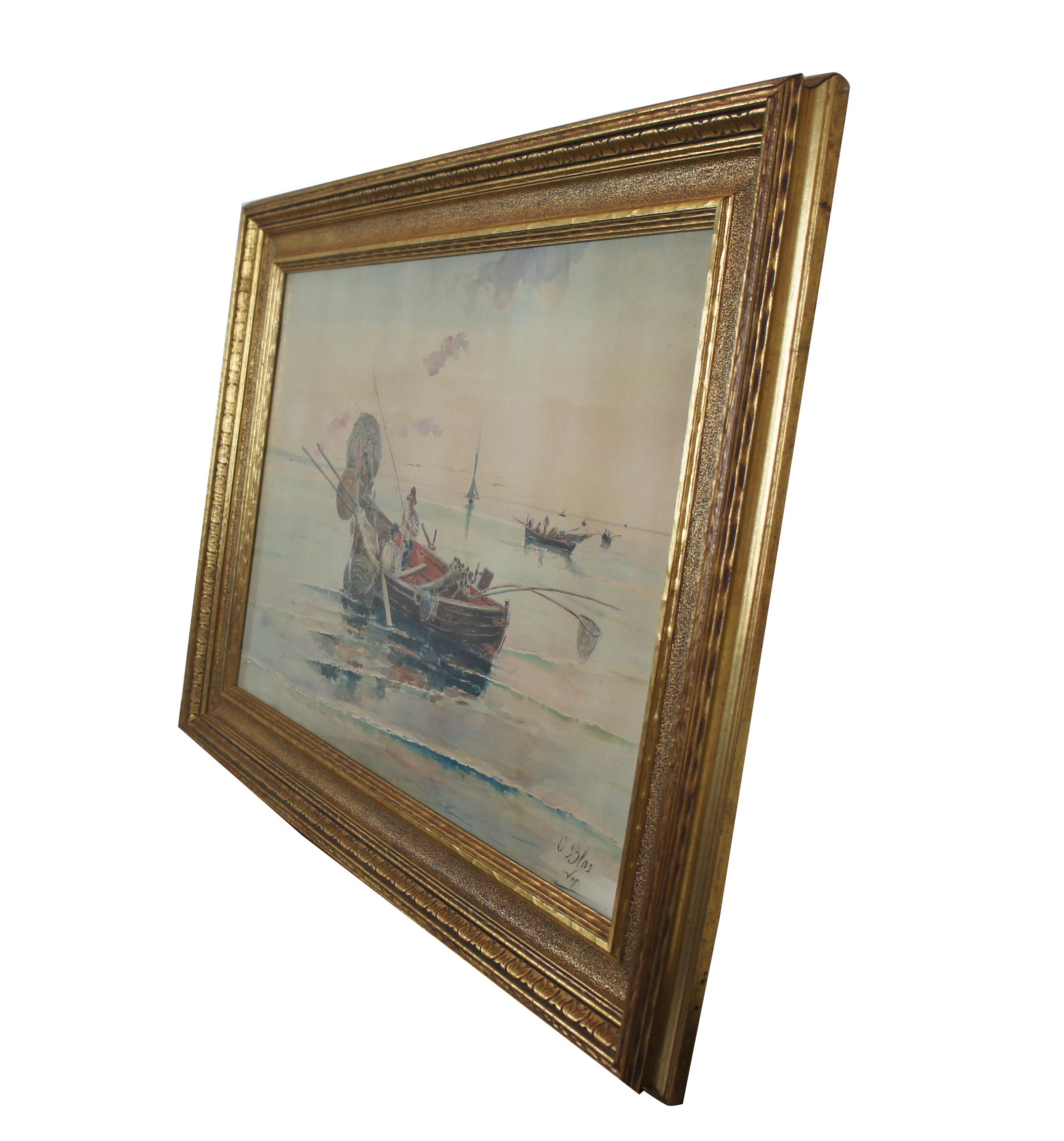 Olleroy Blas Aquarelle italienne du 19ème siècle Peinture de paysage marin Bateaux de pêche Bon état - En vente à Dayton, OH