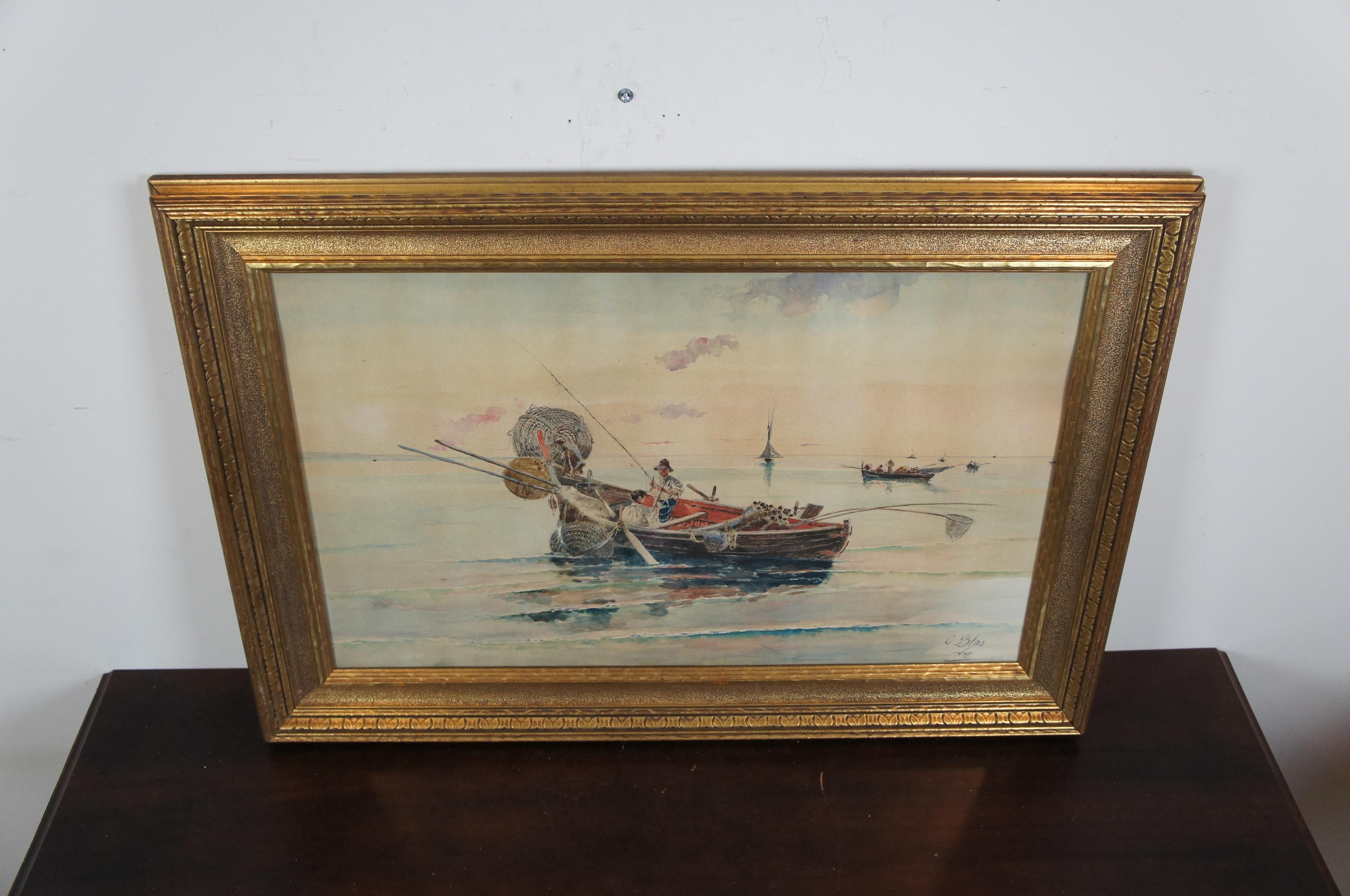 XIXe siècle Olleroy Blas Aquarelle italienne du 19ème siècle Peinture de paysage marin Bateaux de pêche en vente