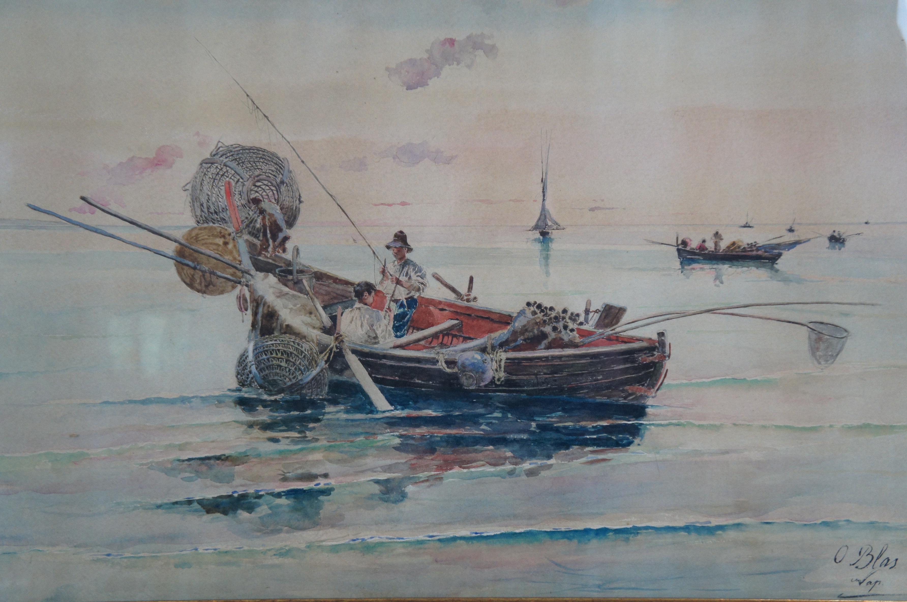 Olleroy Blas Aquarelle italienne du 19ème siècle Peinture de paysage marin Bateaux de pêche en vente 2