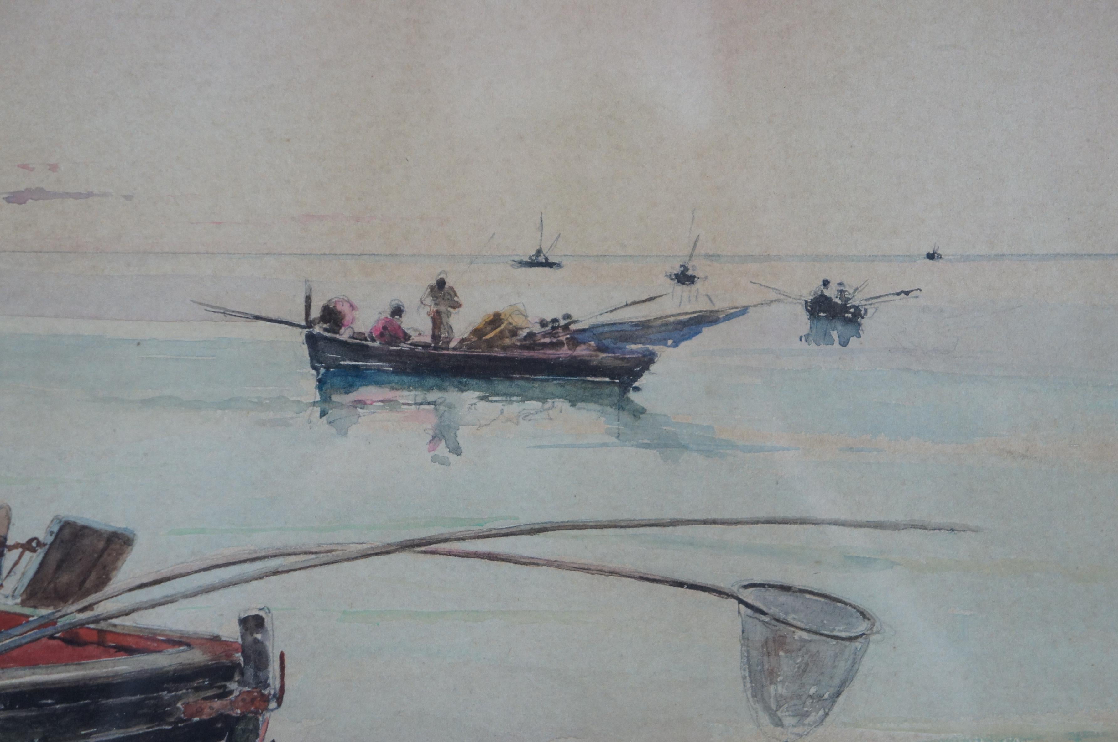 Olleroy Blas 19th Century Italian Watercolor Seascape Painting Fishing Boats For Sale 4
