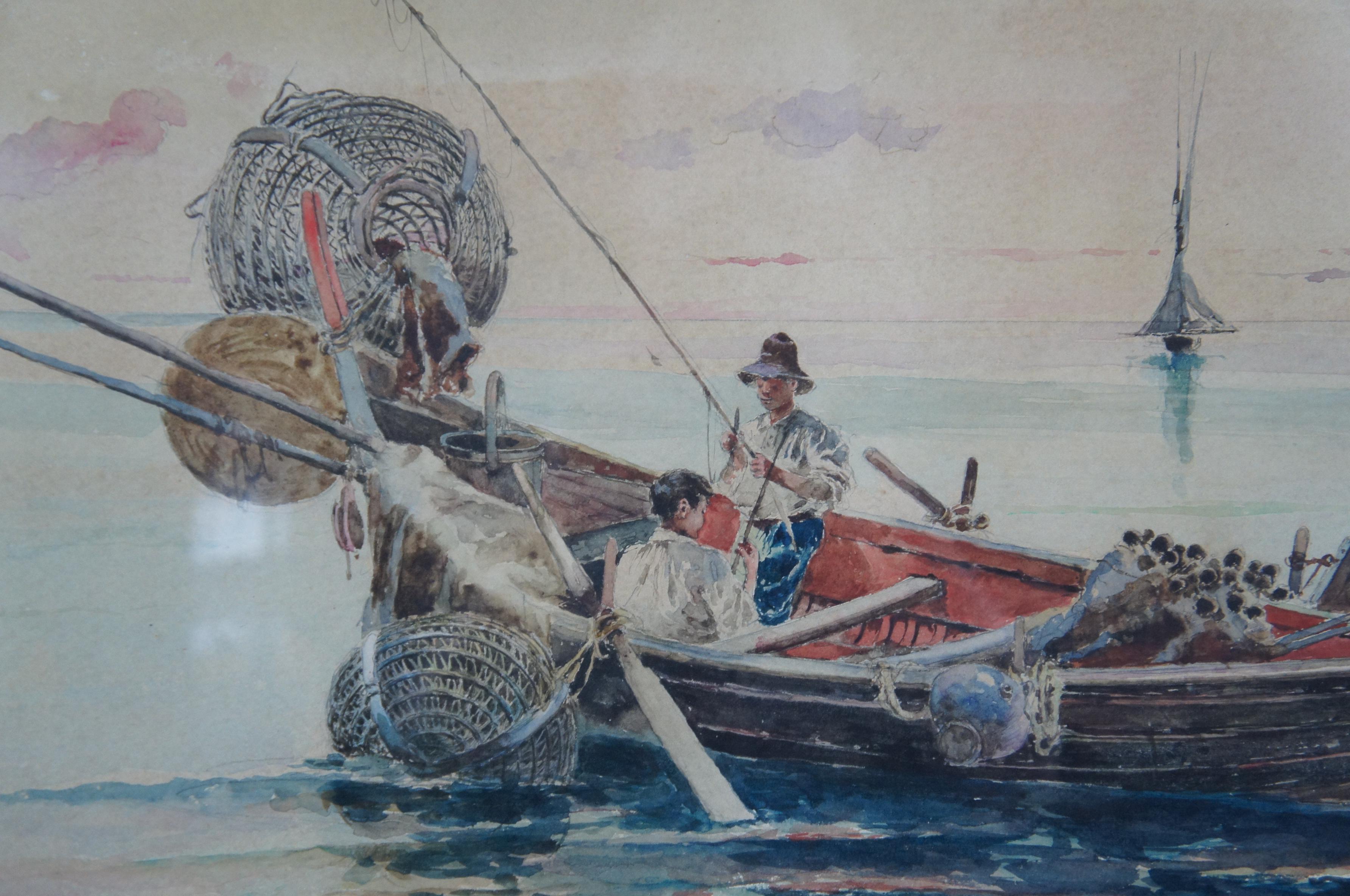 Olleroy Blas Aquarelle italienne du 19ème siècle Peinture de paysage marin Bateaux de pêche en vente 5