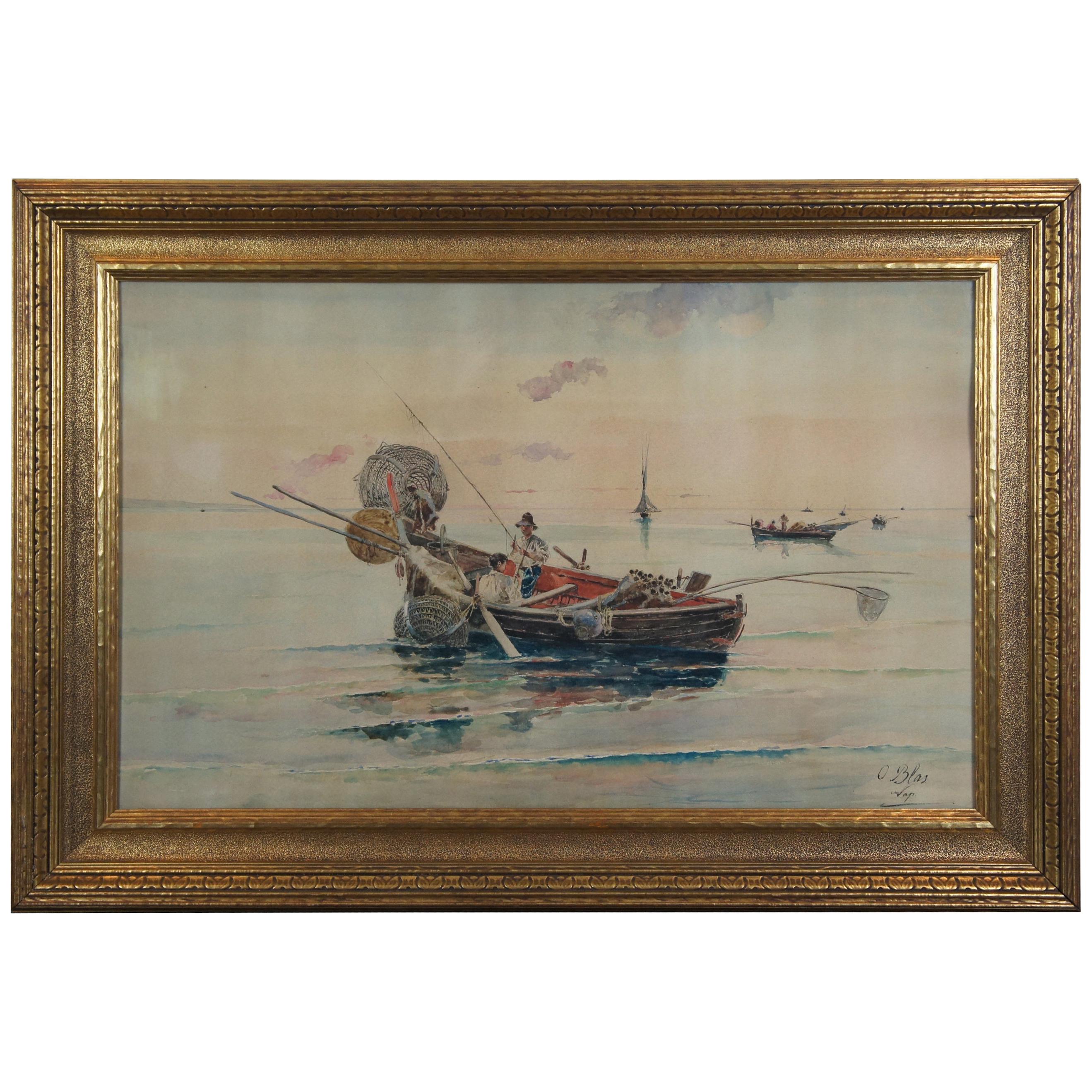 Olleroy Blas 19th Century Italian Watercolor Seascape Painting Fishing Boats