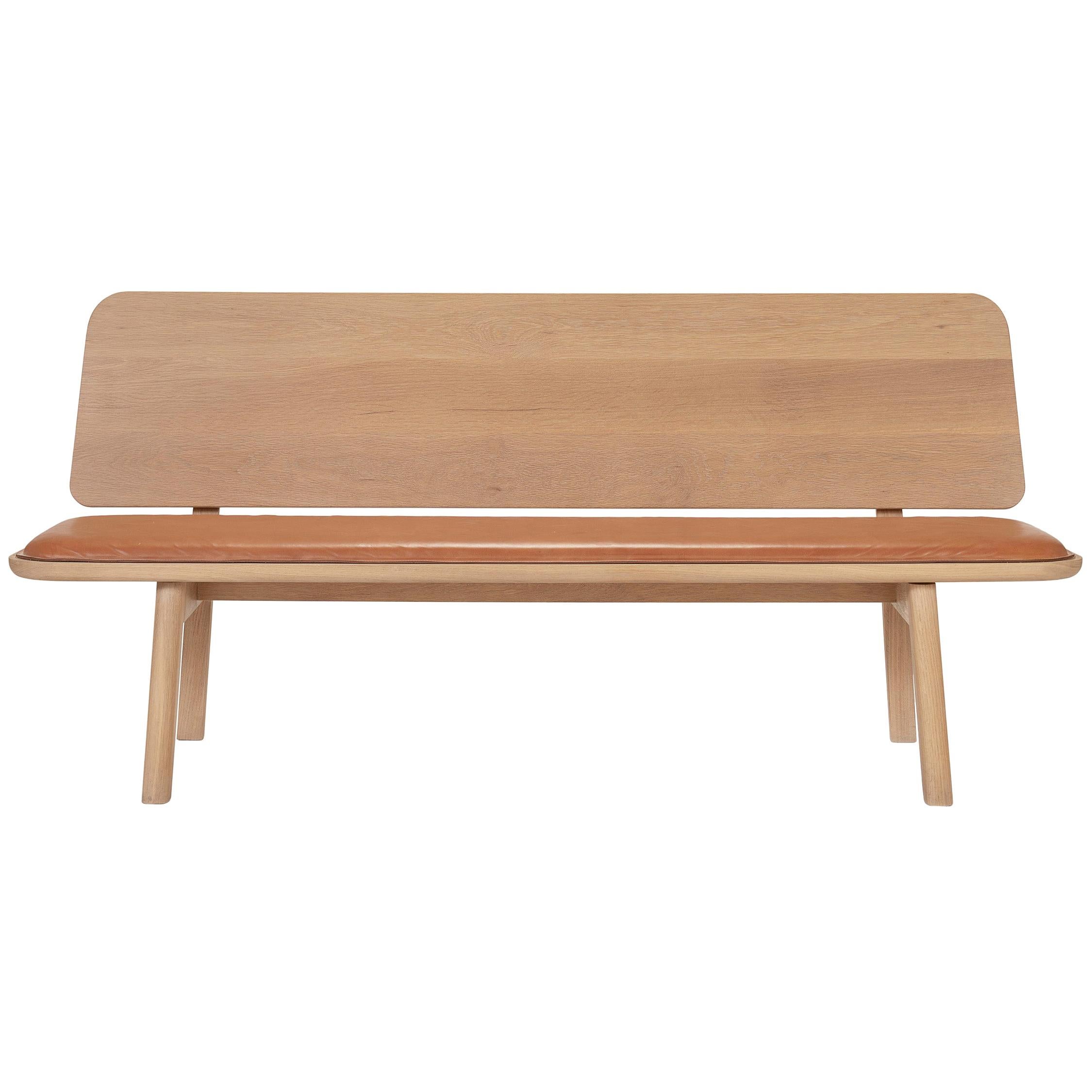 Olo Bench, Solid White Oak, Hand-Stitched Vegetable Tanned Leather Upholstery For Sale