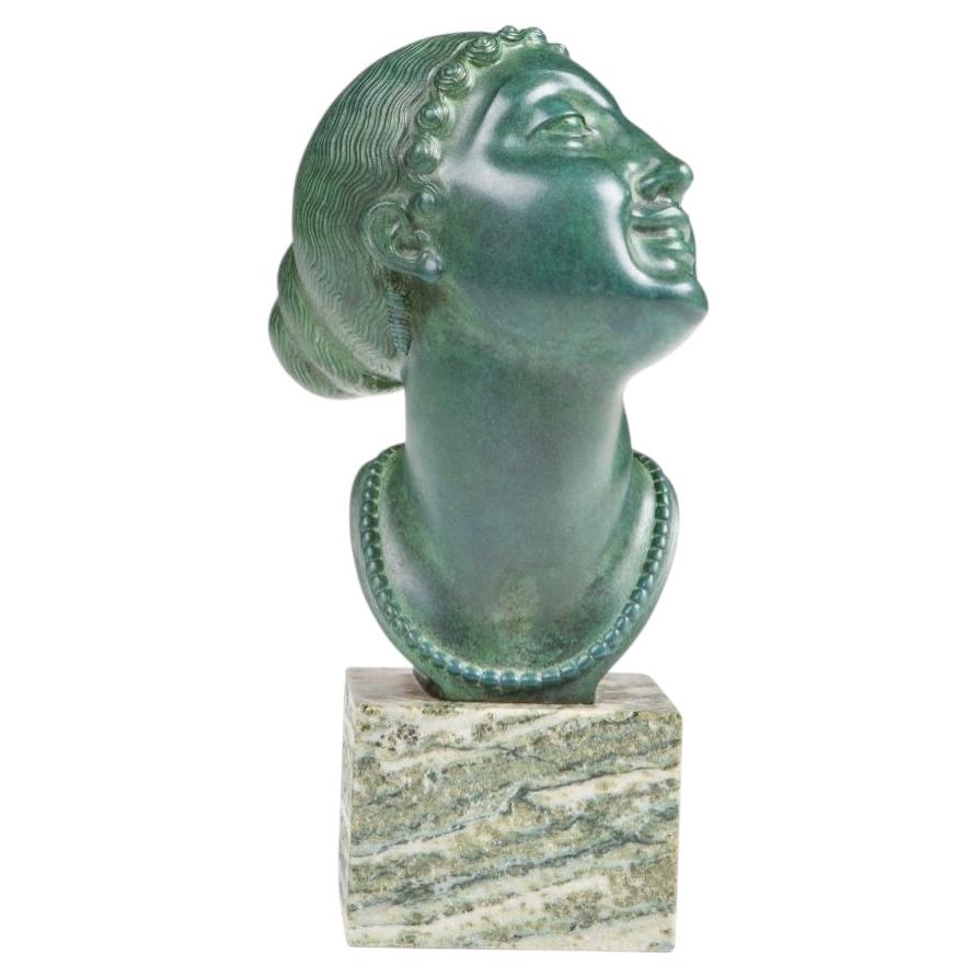 Olof Ahlberg Art Deco Green Patinated Bronze Female Bust For Sale