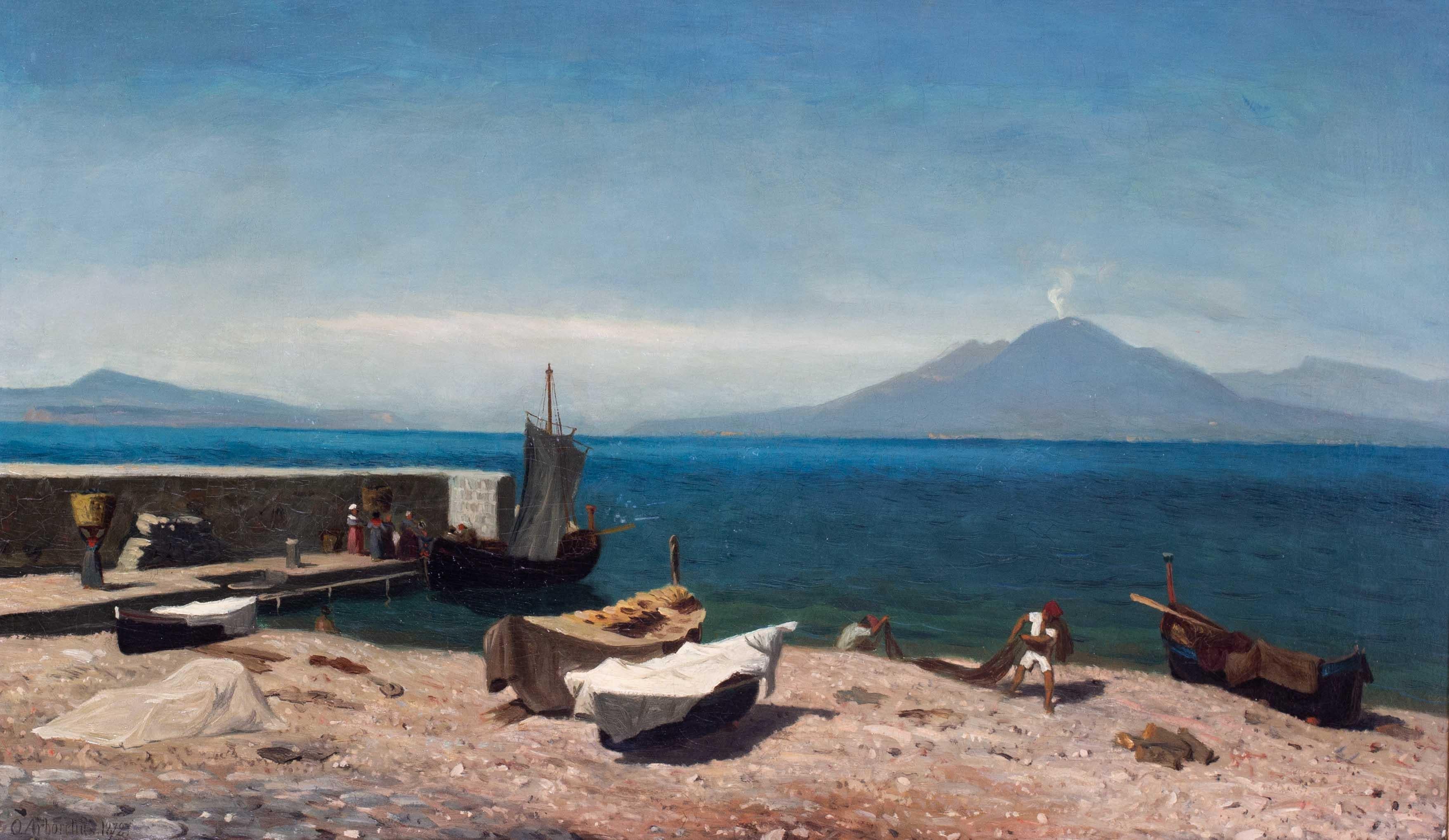 Paesaggio del XIX secolo dipinto ad olio del Golfo di Napoli di Olof Arborelius 1