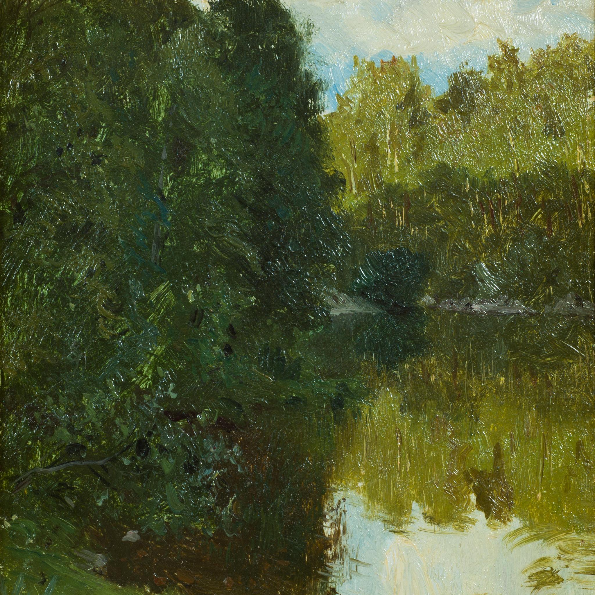 Questo intimo studio plein air di Olof Arborelius cattura la tranquilla bellezza di un bosco illuminato dal sole che si riflette nell'acqua ferma. La pennellata sicura e spontanea e la gestione delicata della luce e dell'ombra fanno pensare che sia