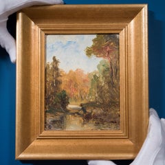 Impressionist Oil on Paper: Man Crossing a Stream, Late 19th Century