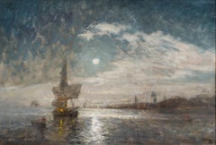 Olof Arborelius Ships in Moonlight Italian Coastal Scene