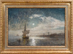 Olof Arborelius Ships in Moonlight Italian Coastal Scene